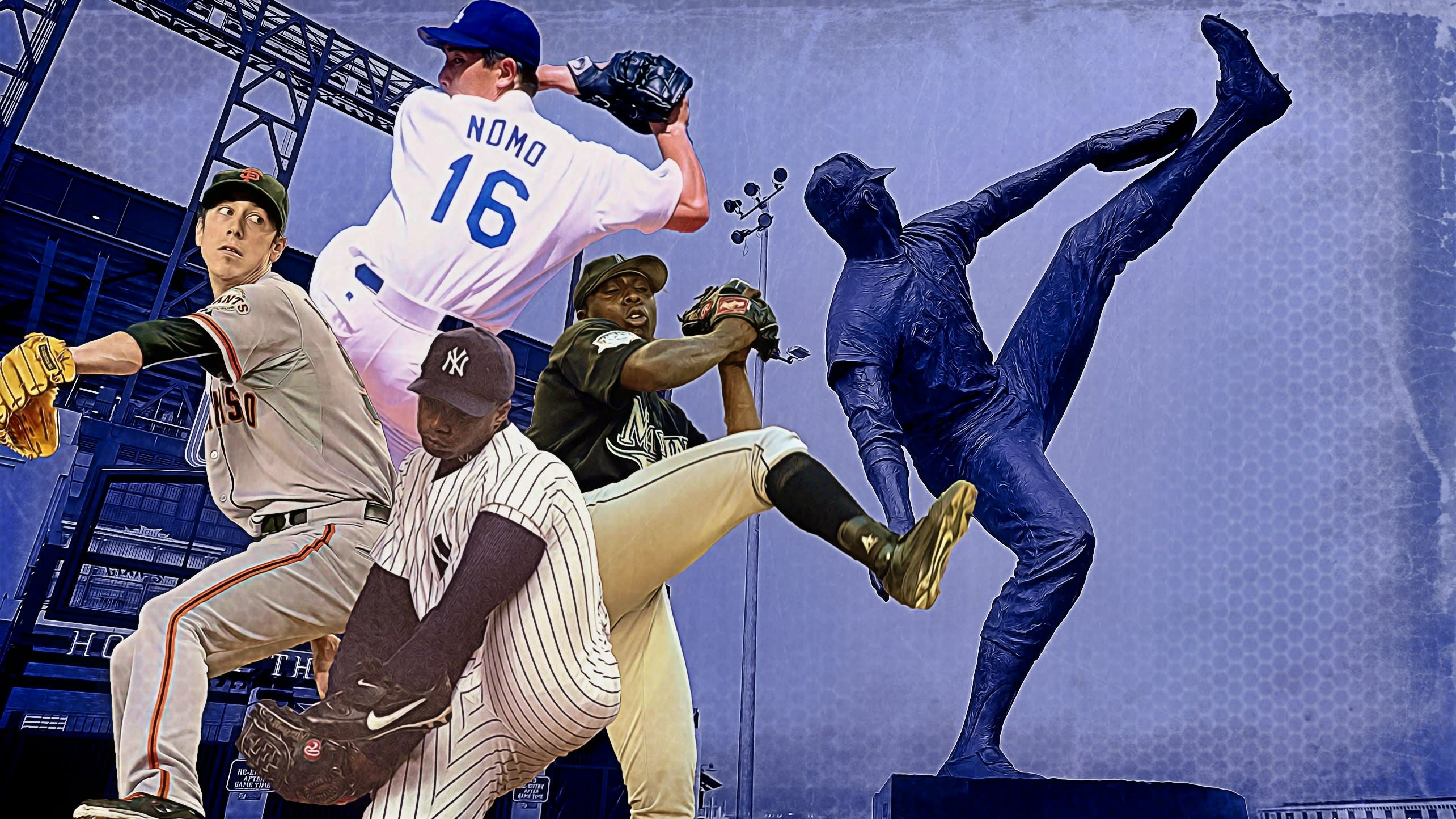 Photo montage of four pitchers and a statue in various windups