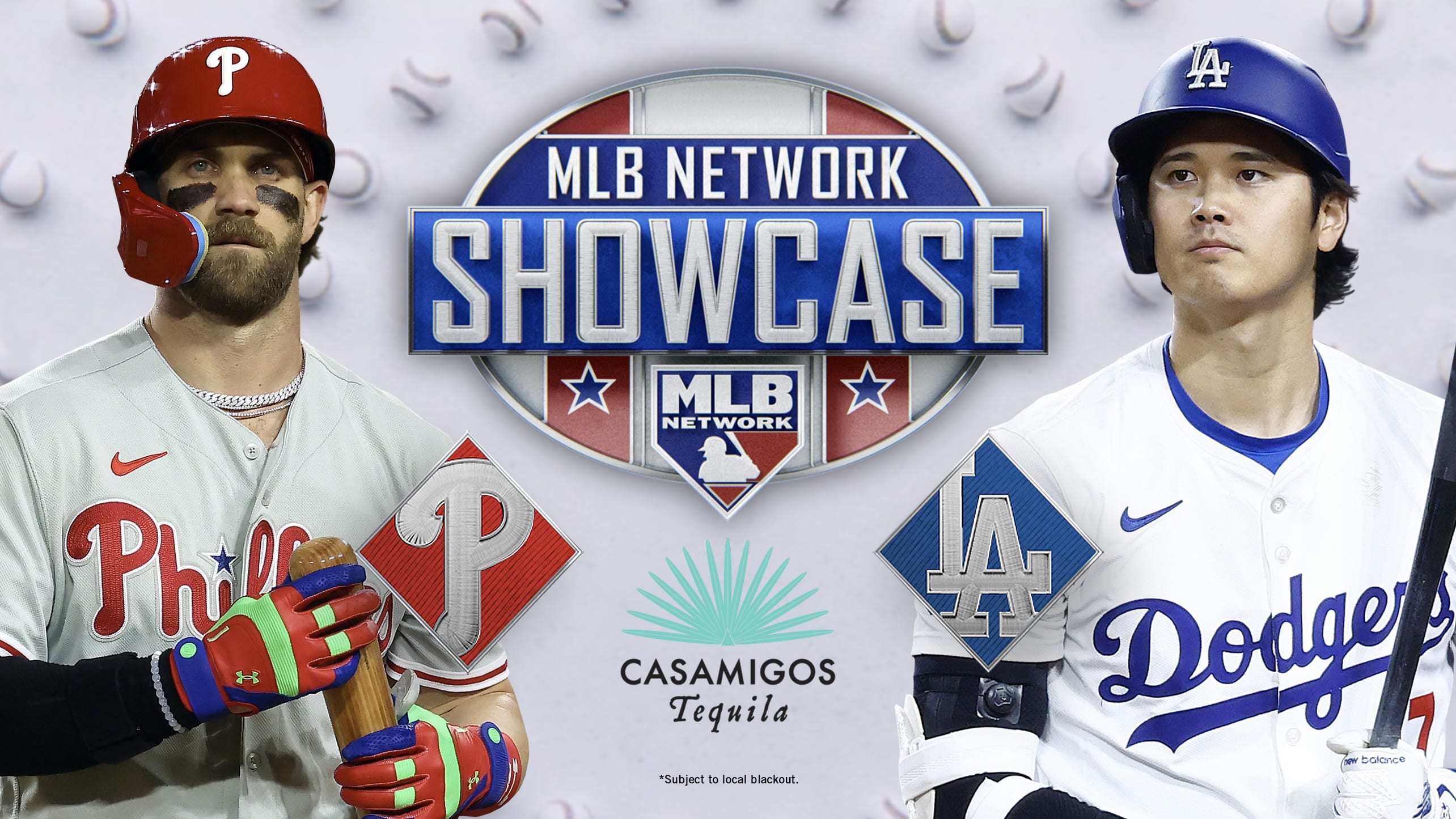 Bryce Harper and Shohei Ohtani with the MLB Network Showcase logo