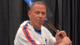 Alex Rodriguez wearing a Mets jersey
