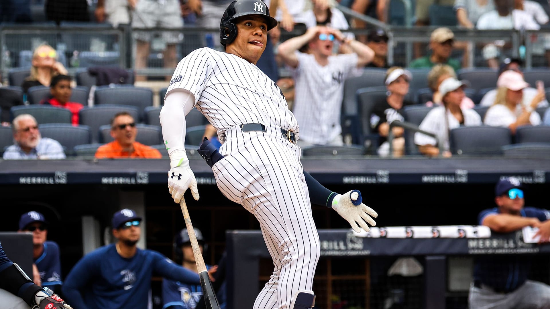 Juan Soto leans back to watch one of his home runs against the Rays