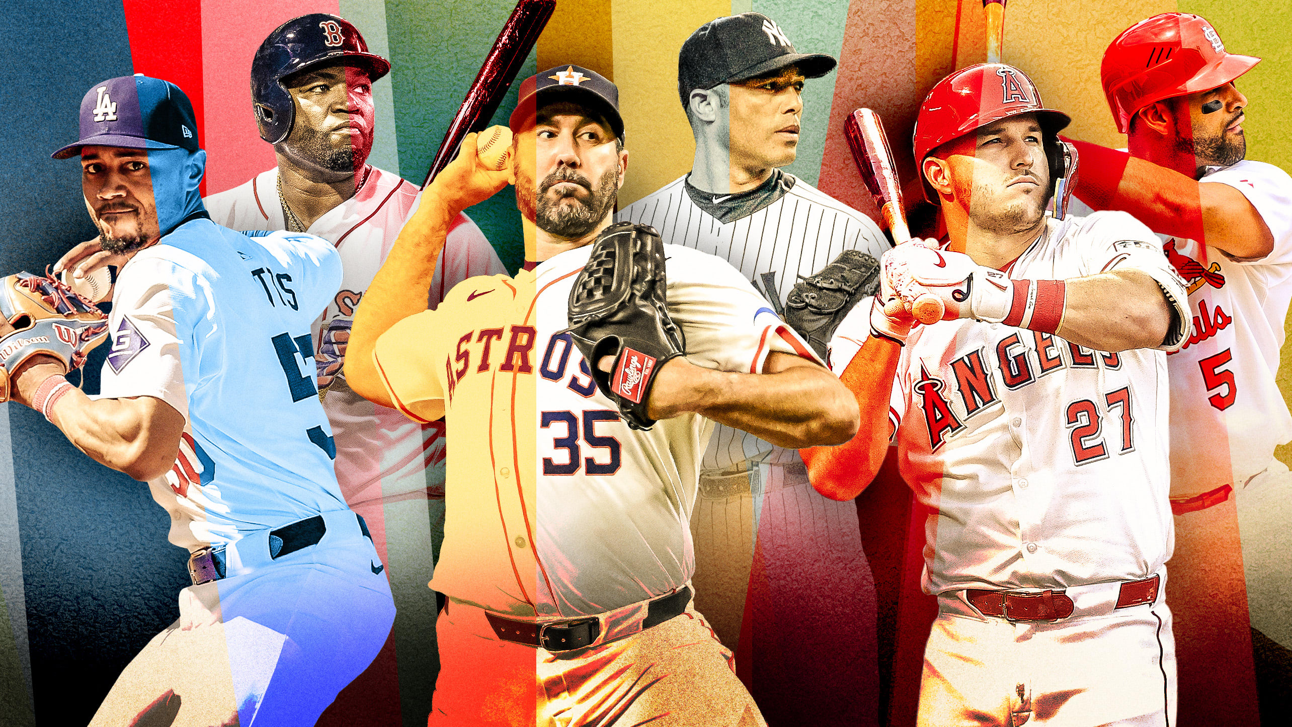 Mookie Betts, David Ortiz, Justin Verlander, Mariano Rivera, Mike Trout and Albert Pujols