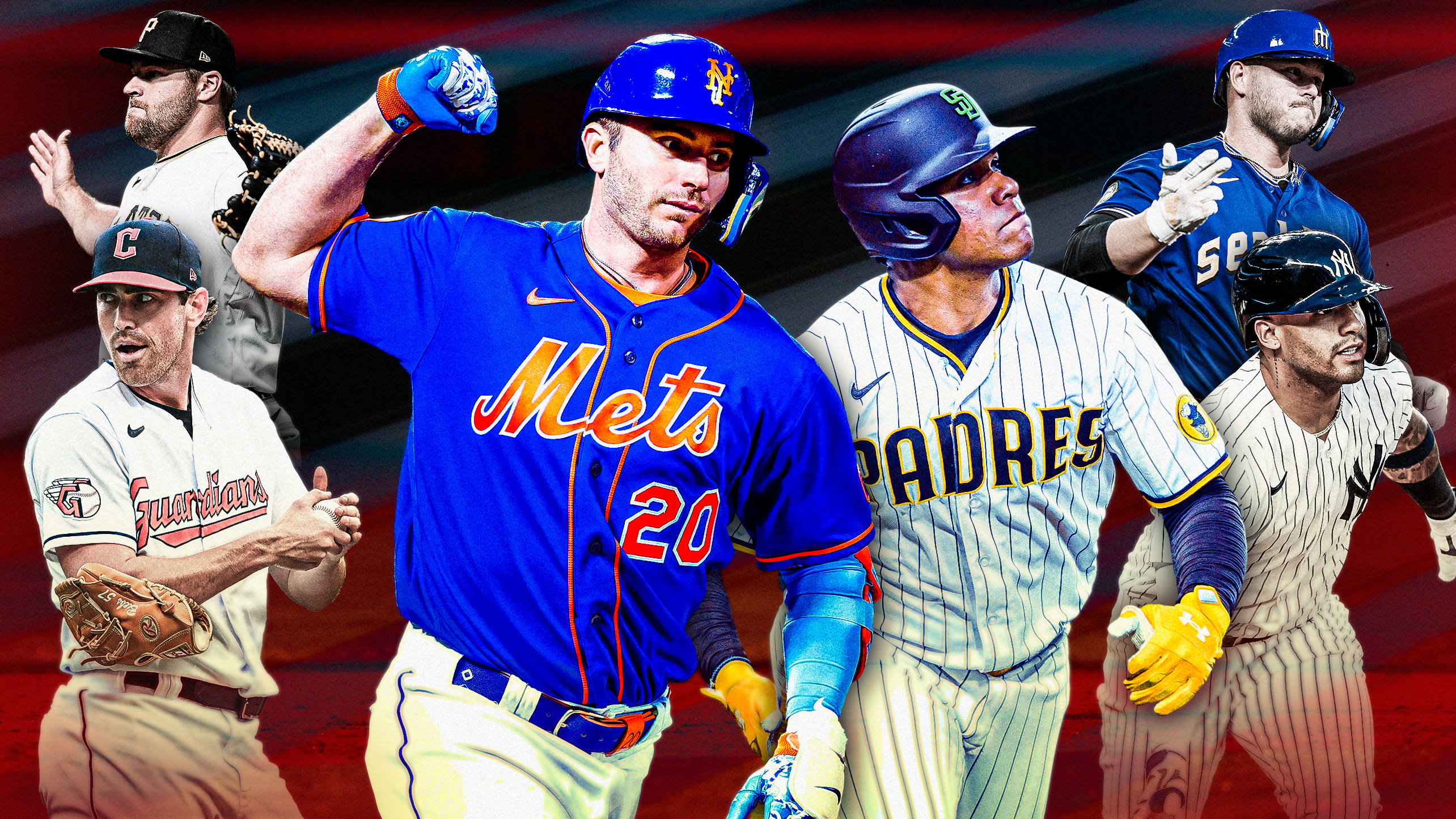 A photo illustration of David Bednar, Shane Bieber, Pete Alonso, Juan Soto, Ty France and Gleyber Torres