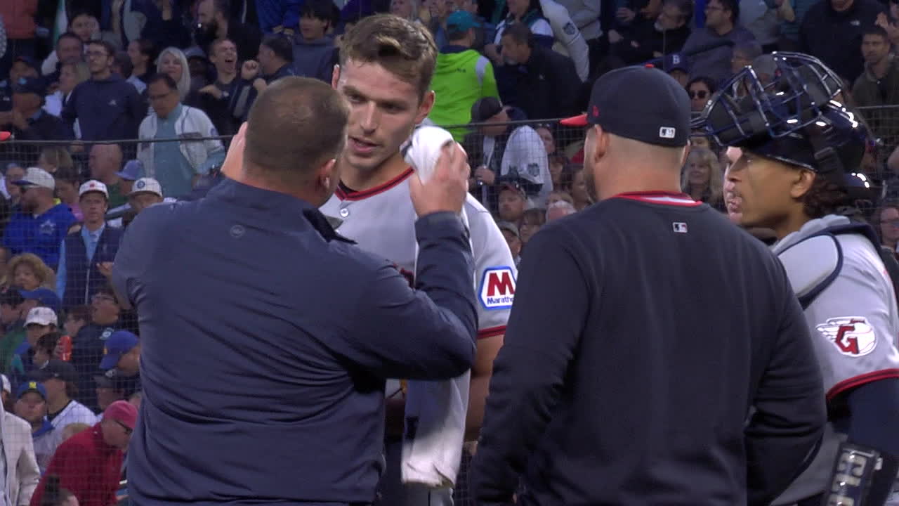 Cade Smith is hit by comebacker