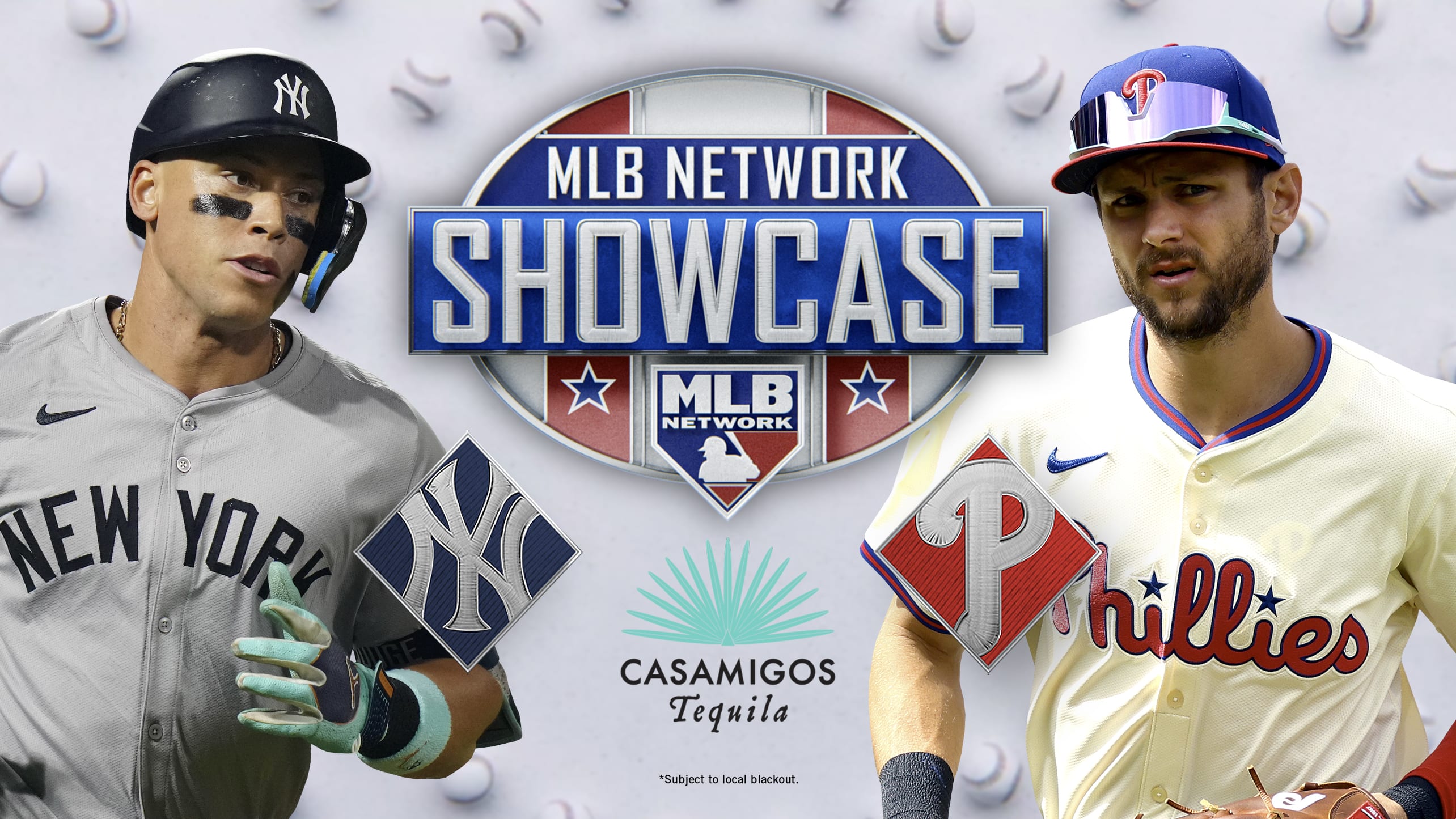 Aaron Judge and Trea Turner with the MLB Network Showcase logo