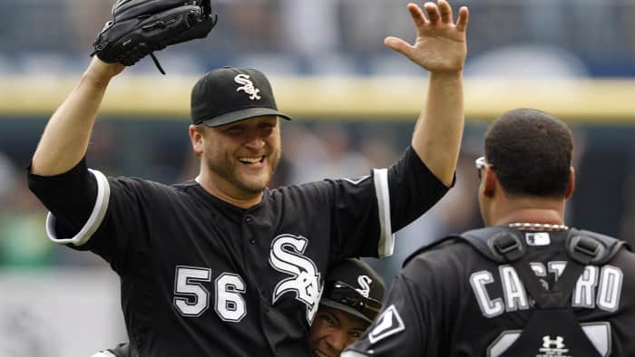 Mark Buehrle celebrates after pitching a perfect game