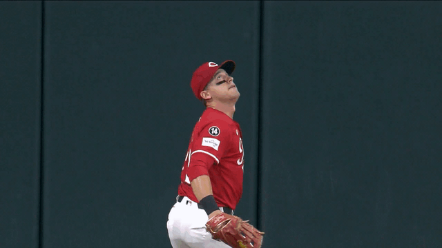 An animated gif of TJ Friedl leaping to rob a home run and shouting in celebration
