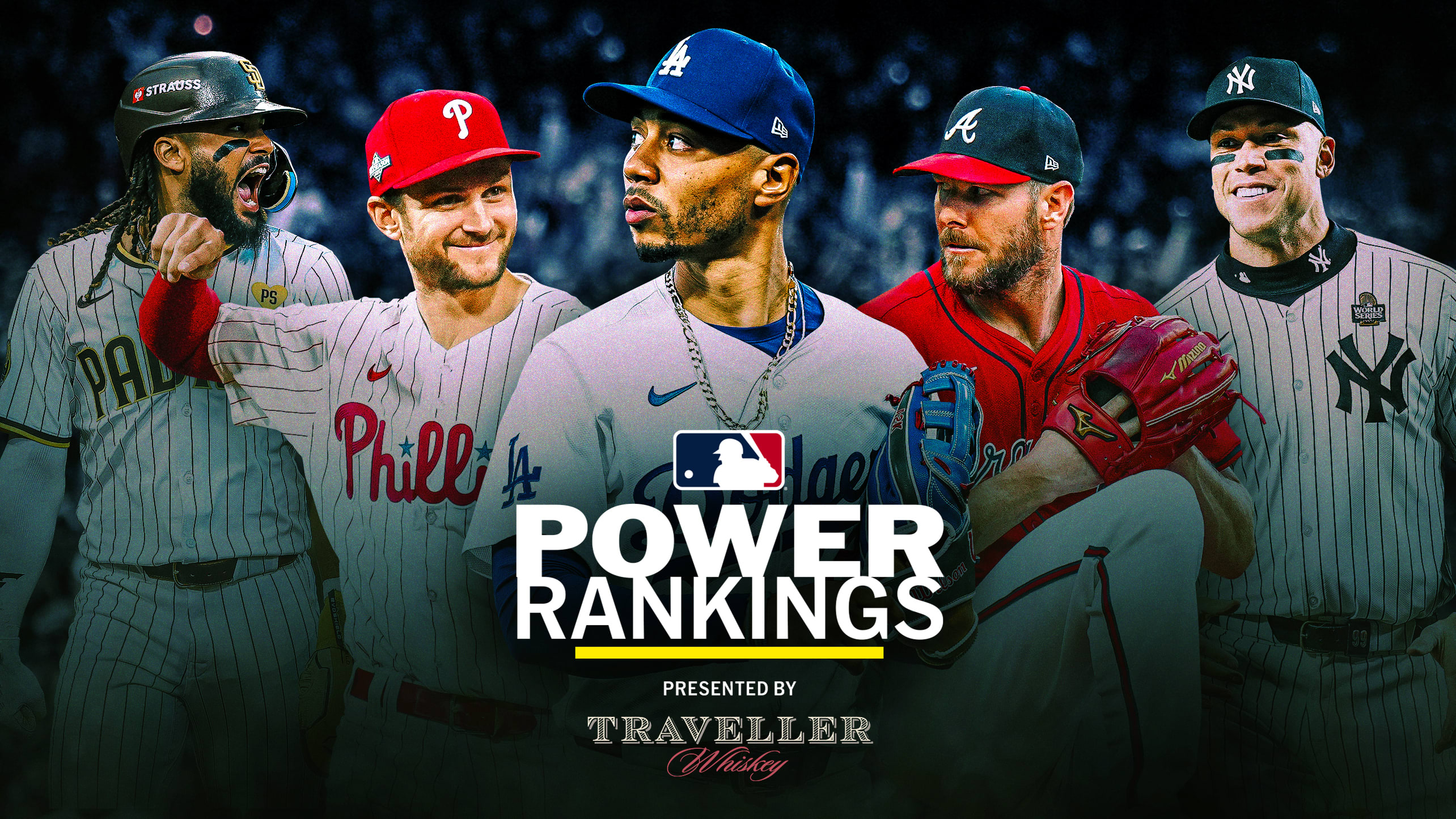 Fernando Tatis Jr., Trea Turner, Mookie Betts, Chris Sale and Aaron Judge with the Power Rankings logo