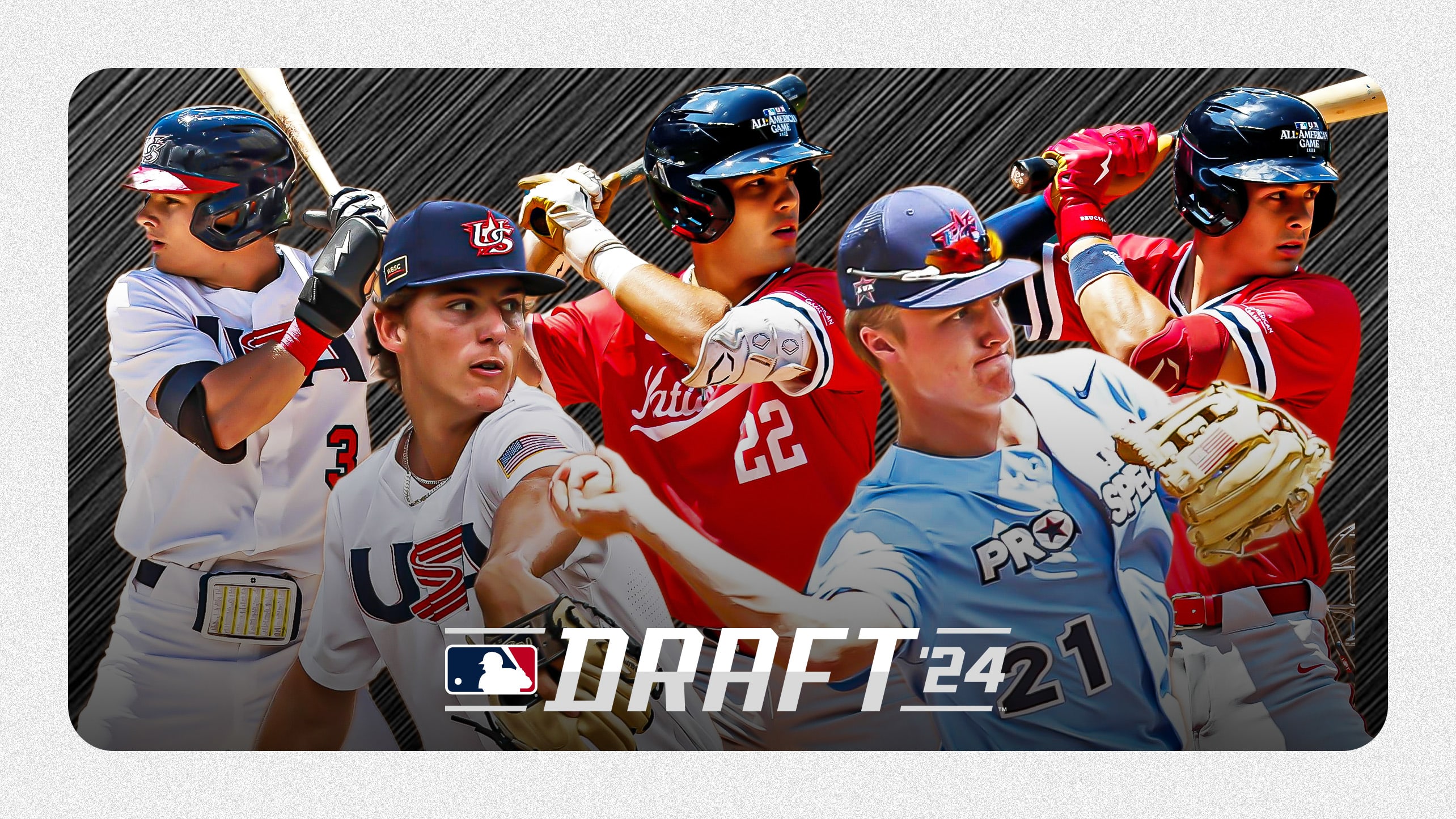 Five high school Draft prospects with the 2024 MLB Draft logo