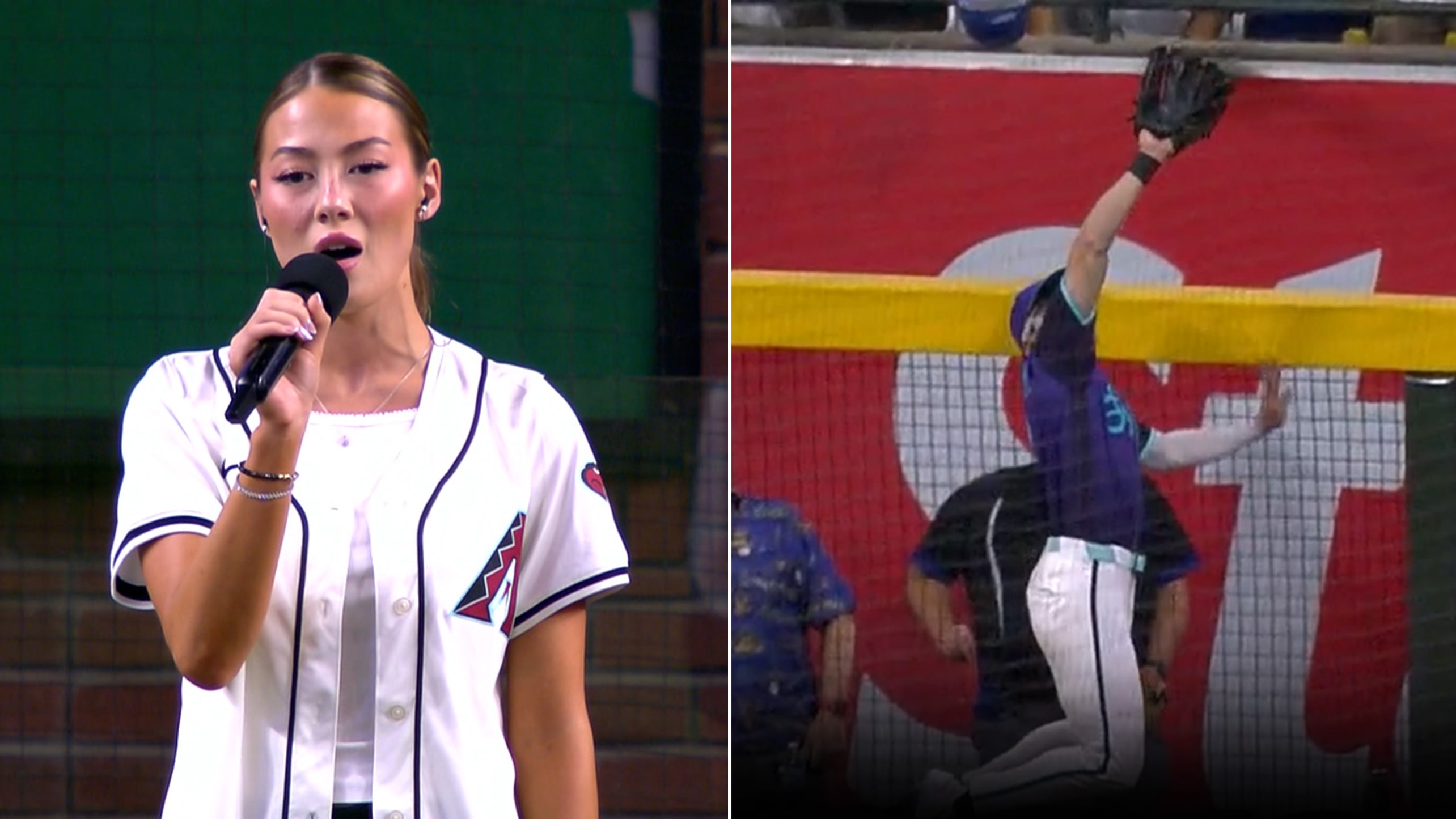 Images of Emma Broyles singing the national anthem and Corbin Carroll robbing a home run