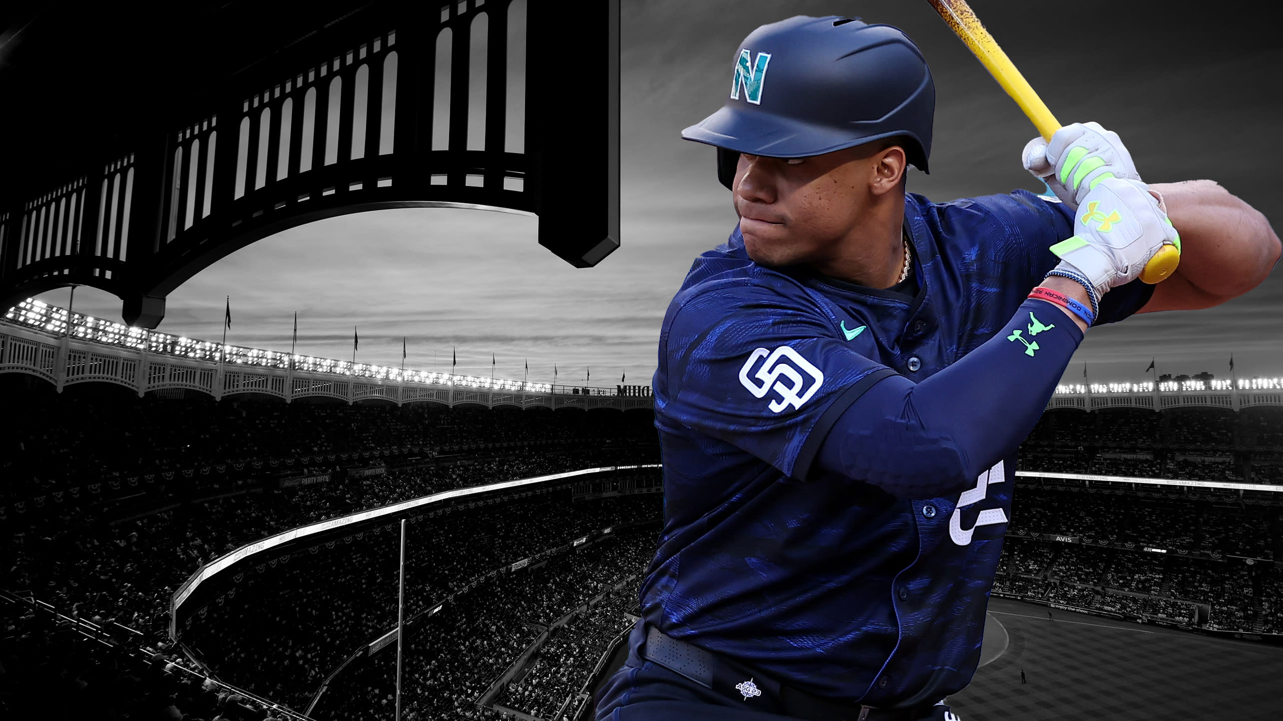 A photo illustration of Juan Soto at Yankee Stadium