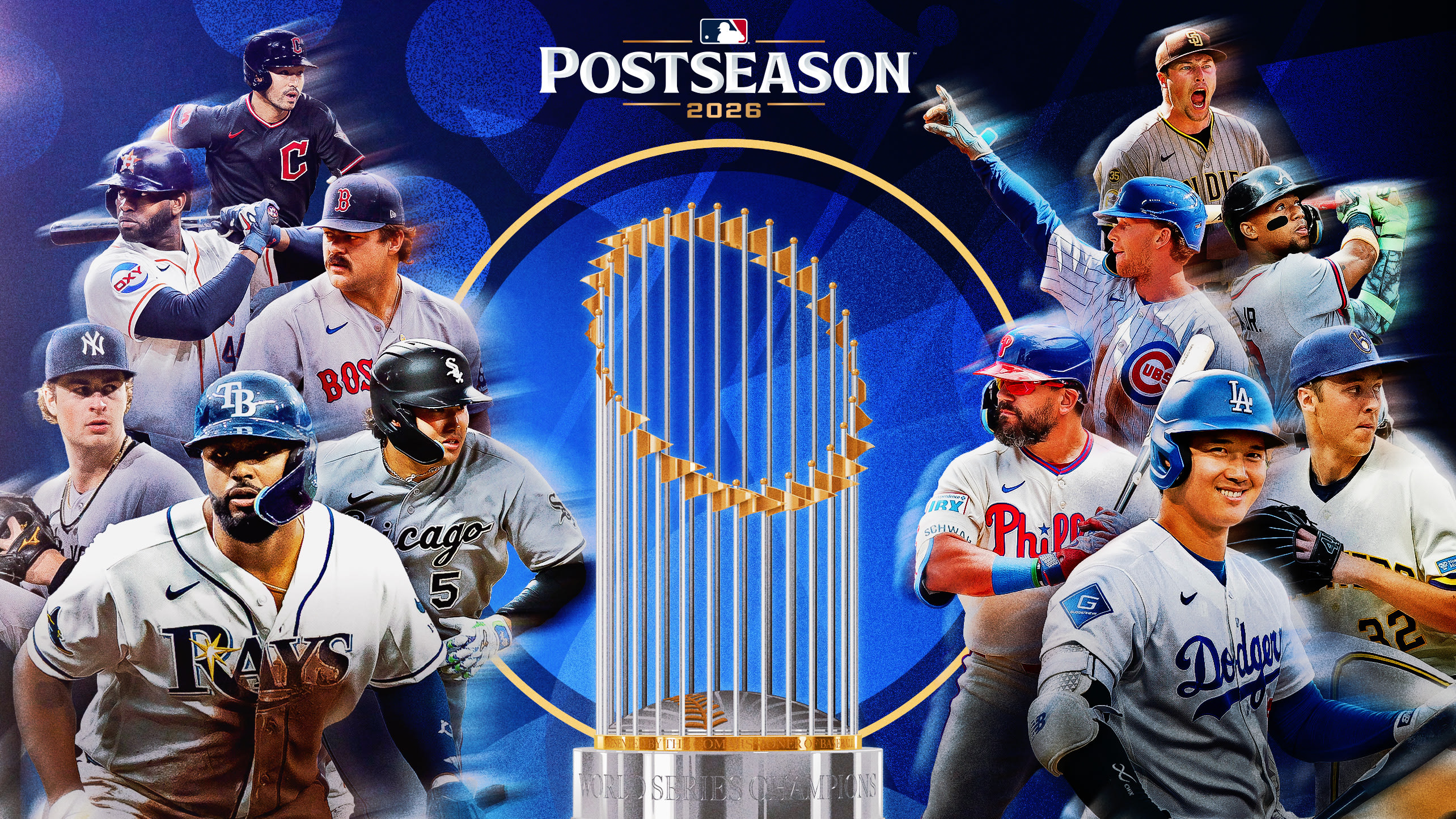 Images of one player from each playoff team surrounding the World Series trophy