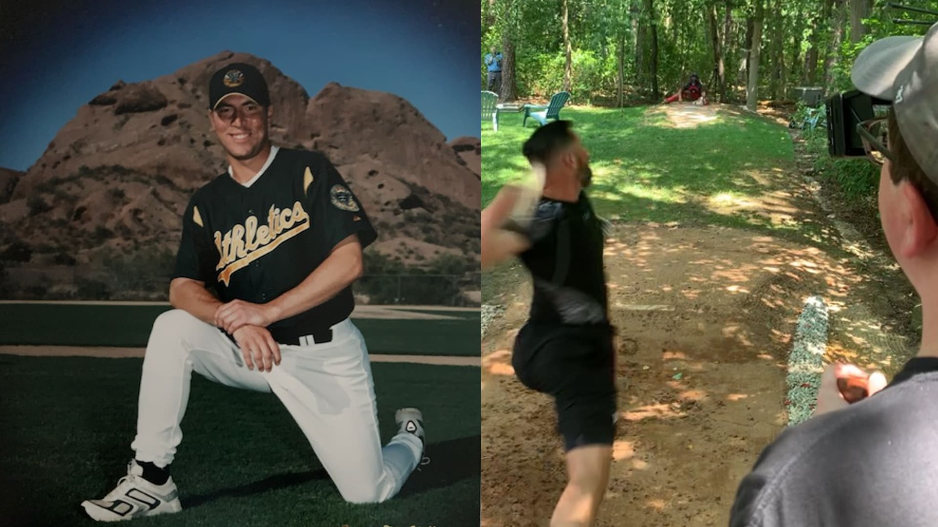 A photo of Rob Semerano as an A's prospect and another of him throwing recently