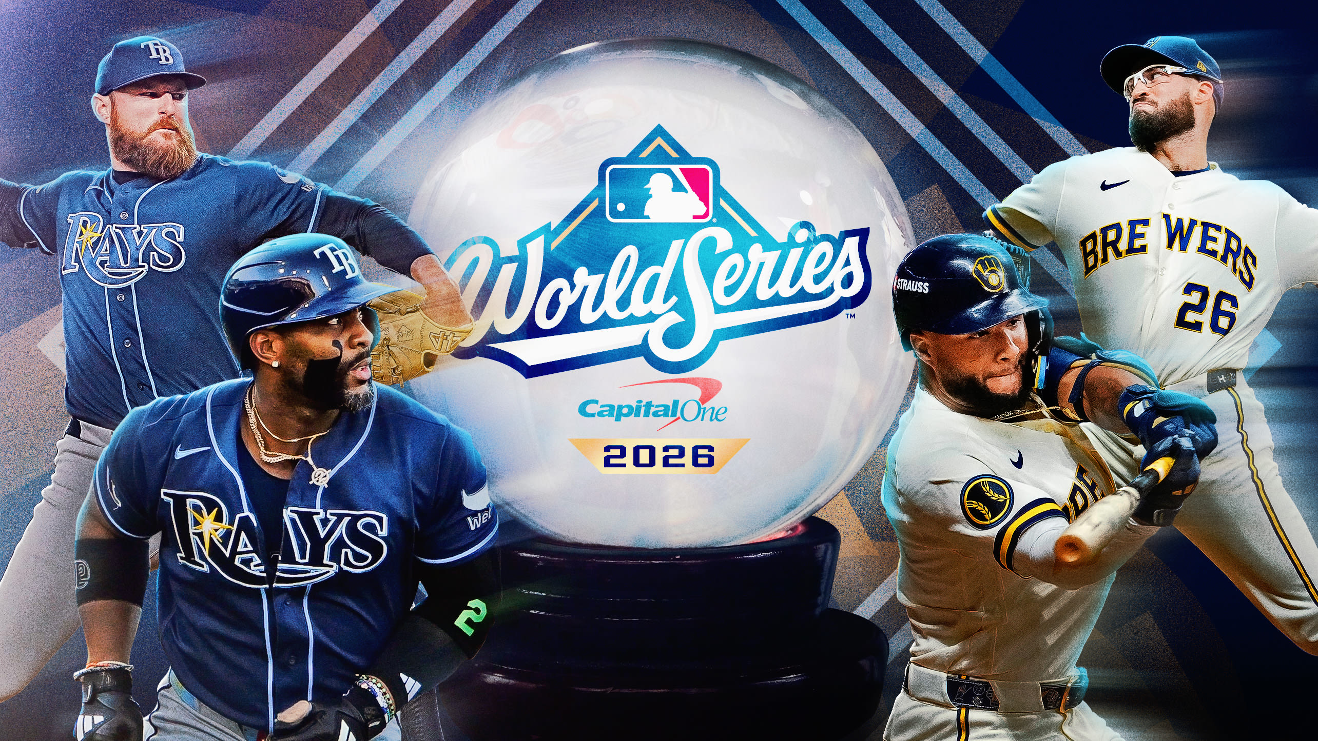 Drew Rasmussen, Yandy Díaz, Aaron Ashby and Jackson Chourio around a globe with the World Series logo on it
