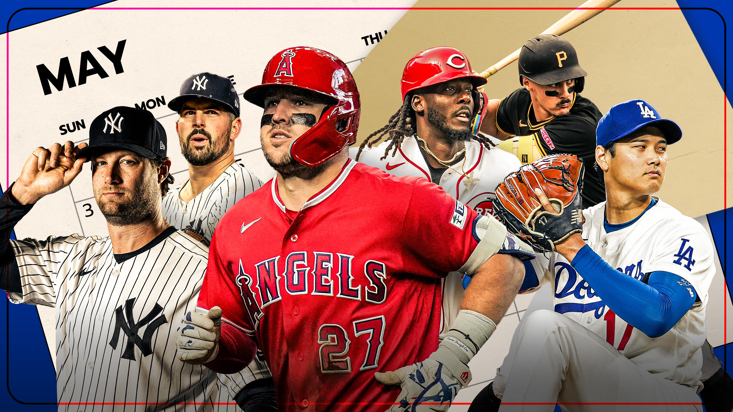 Gerrit Cole, Carlos Rodón, Mike Trout, Elly De La Cruz, Konnor Griffin and Shohei Ohtani in front of a calendar flipping to May