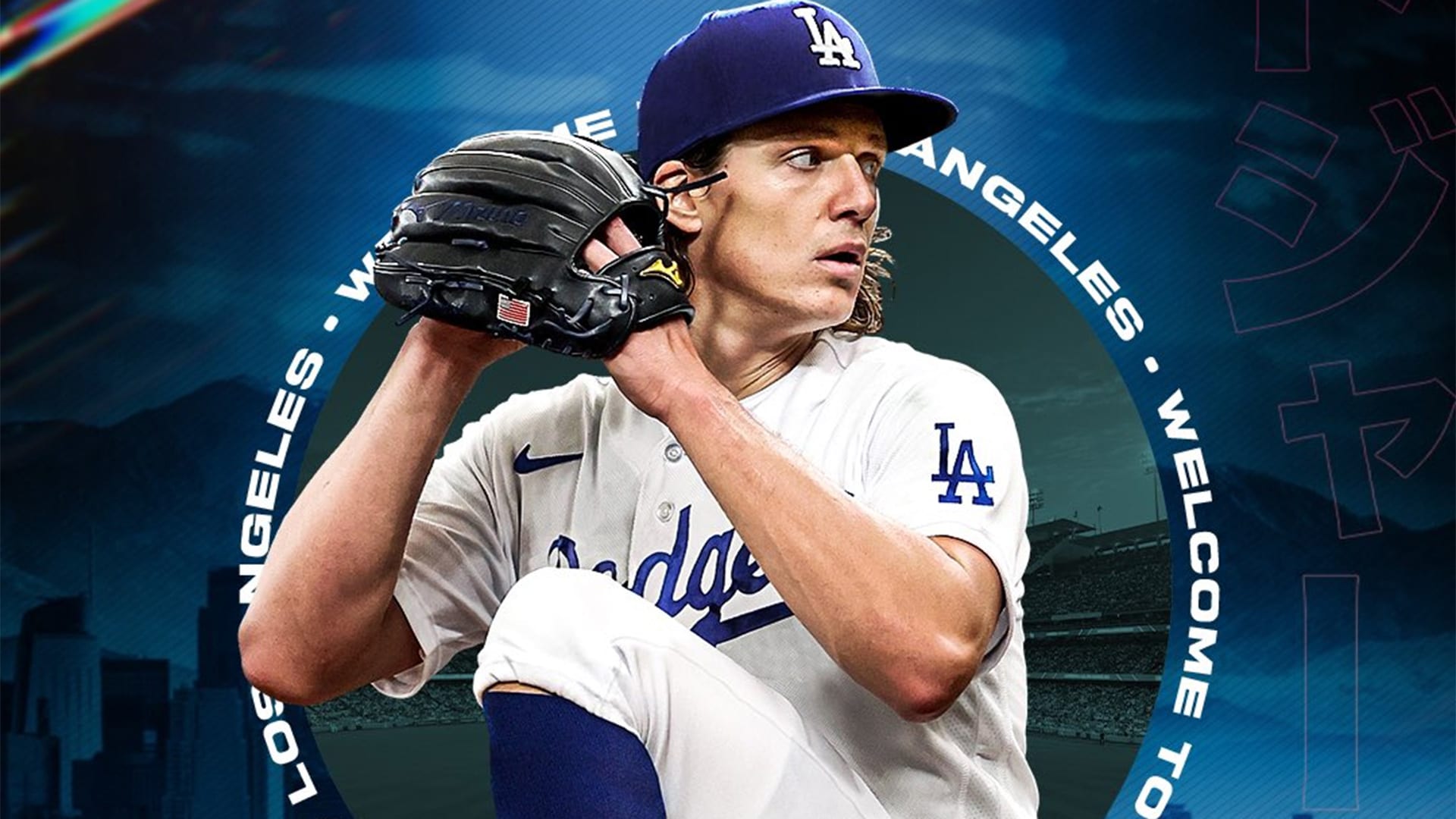 A photo illustration of Tyler Glasnow pitching in a Dodgers uniform
