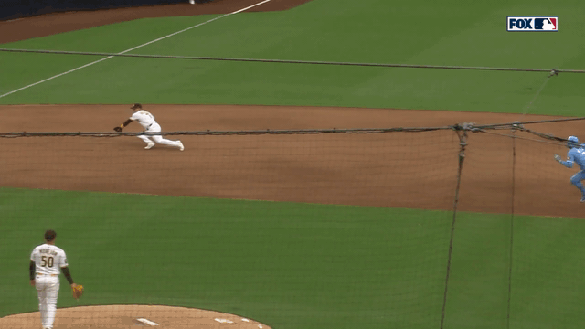 An animated gif of Jose Iglesias making a diving stop and throw