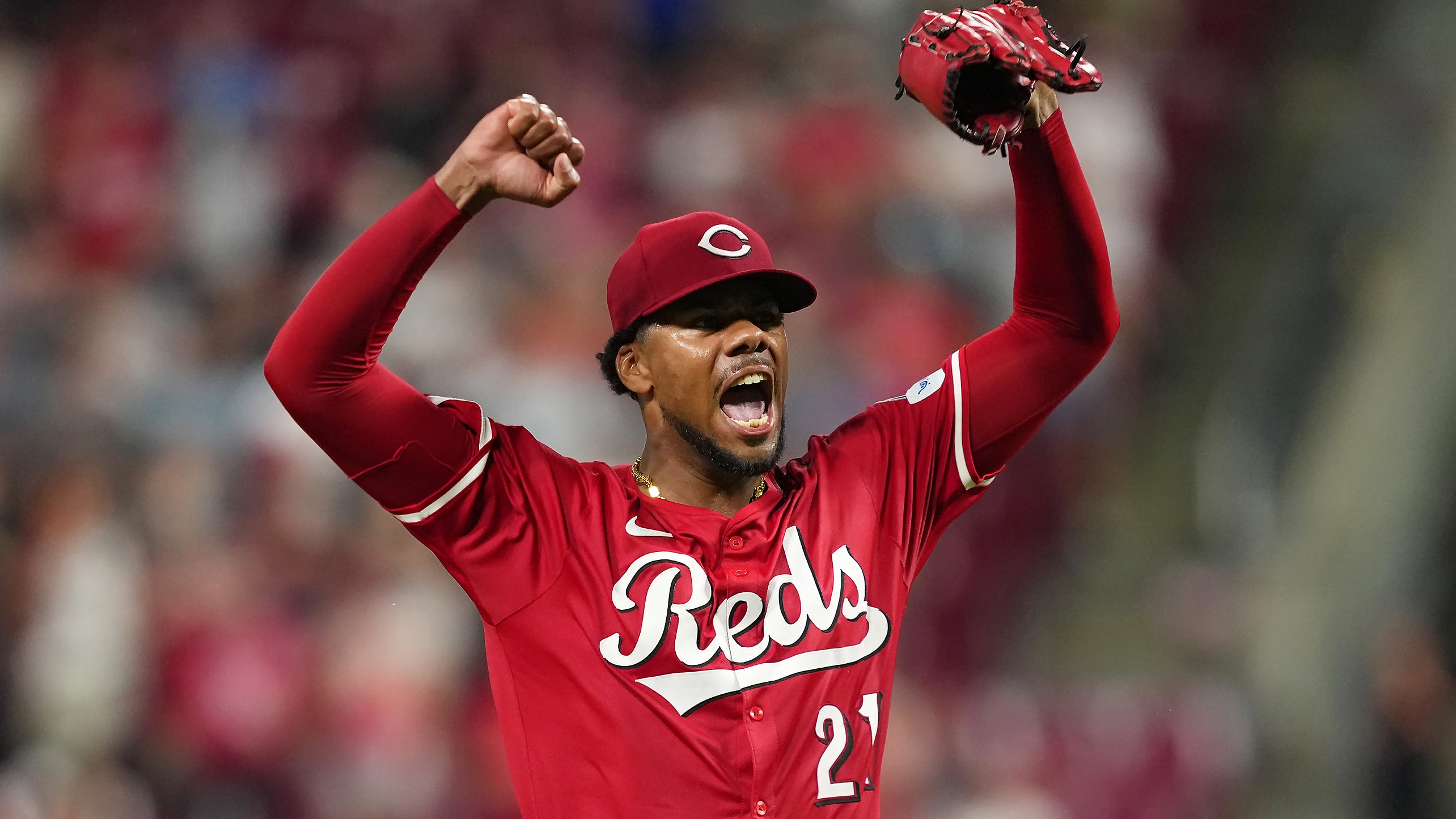 Hunter Greene celebrates after the final out of his shutout