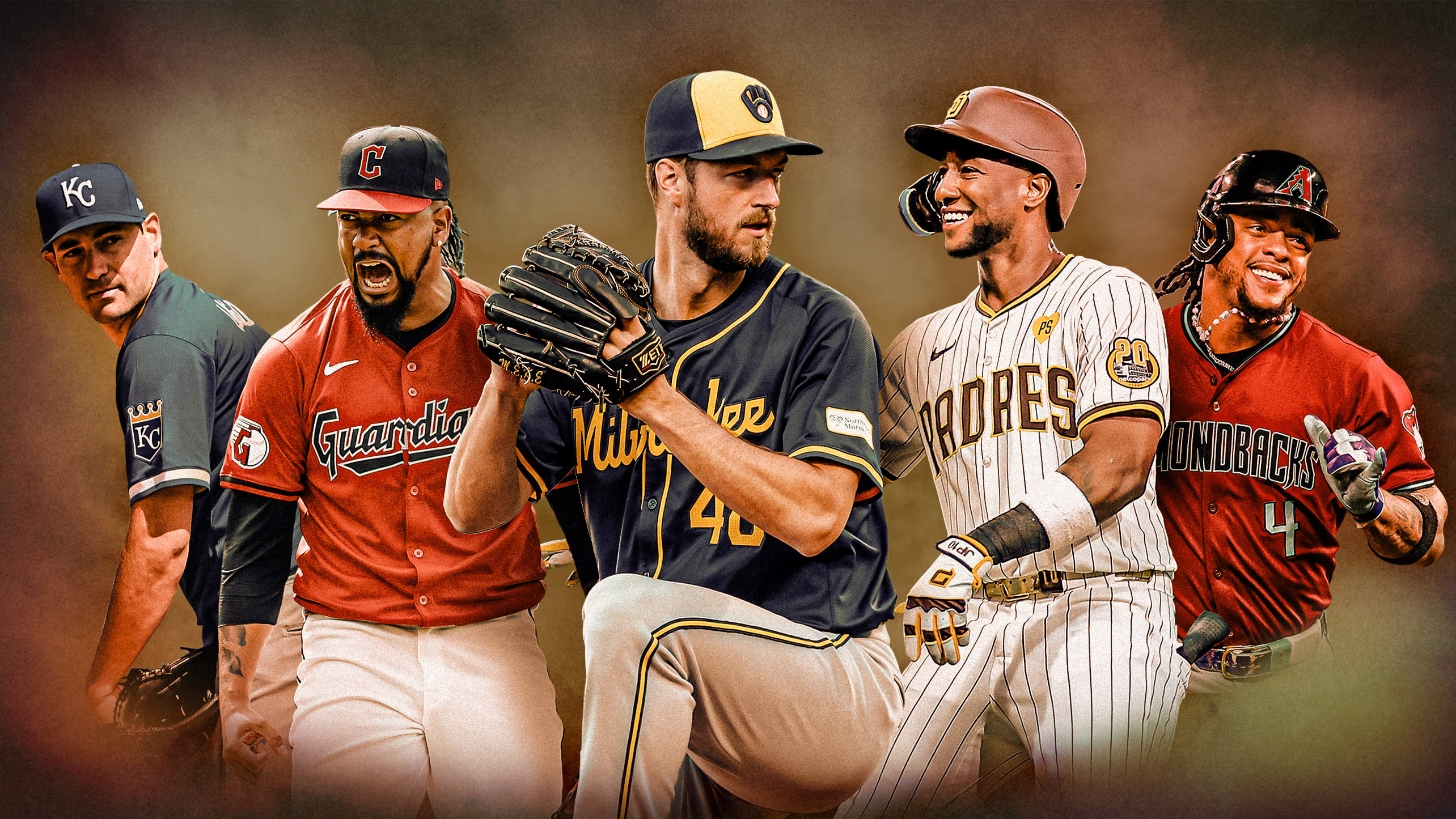 A photo illustration of players representing the Royals, Guardians, Brewers, Padres and D-backs