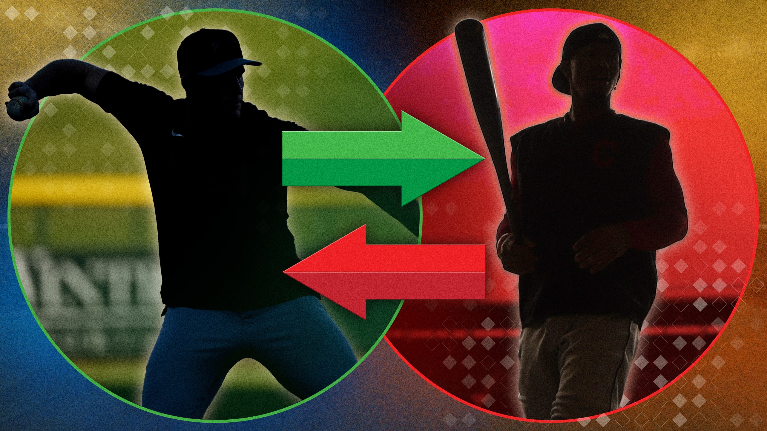 Silhouettes of a player throwing a ball and another holding a bat