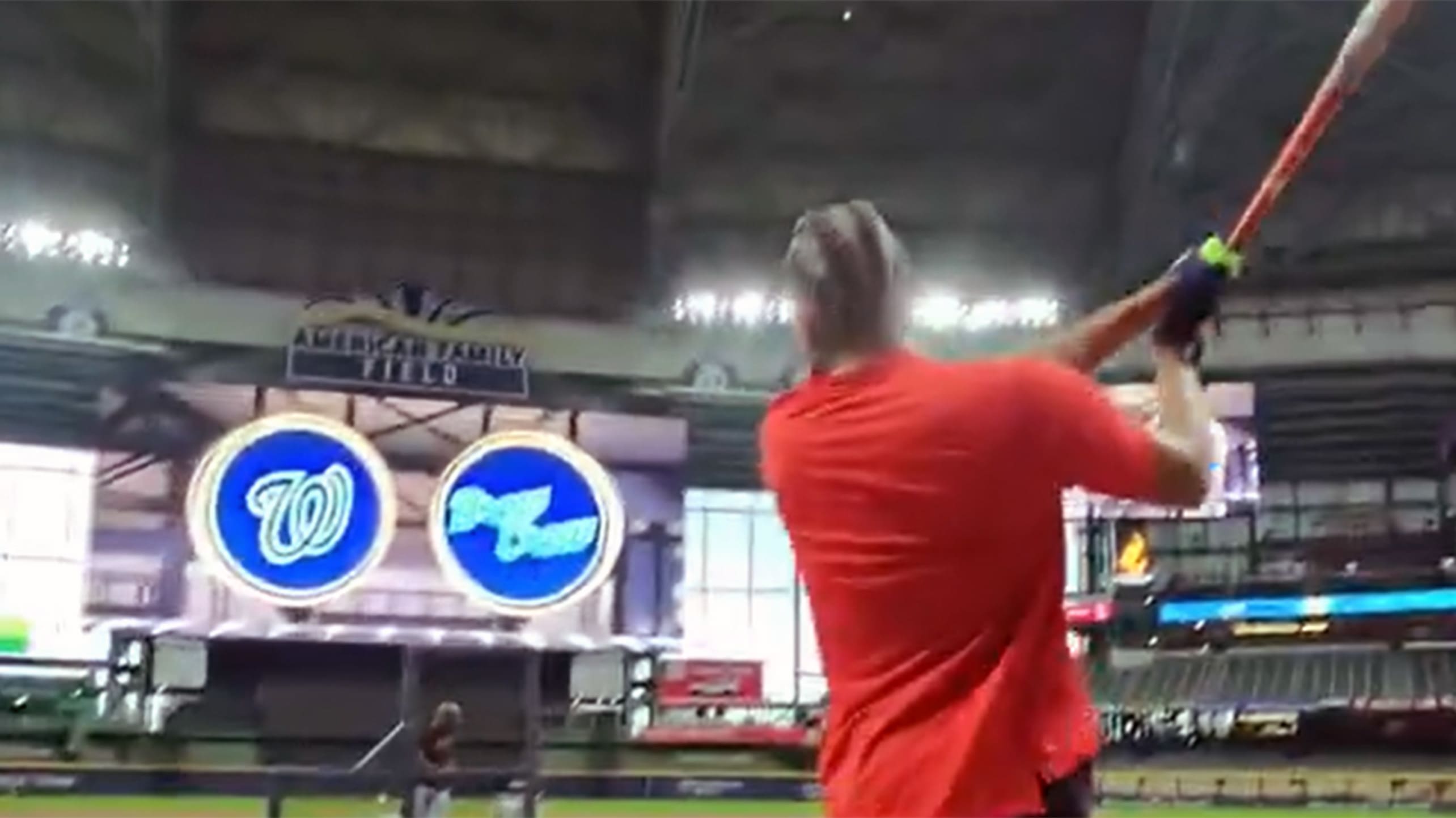 A view of James Wood taking batting practice from a catcher cam
