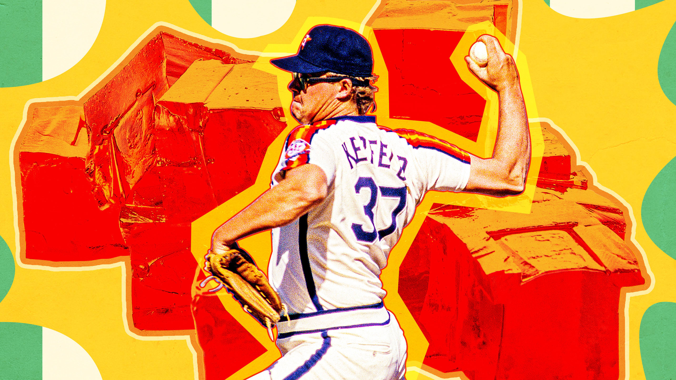 A photo illustration of Charlie Kerfeld pitching with Jell-O in the background