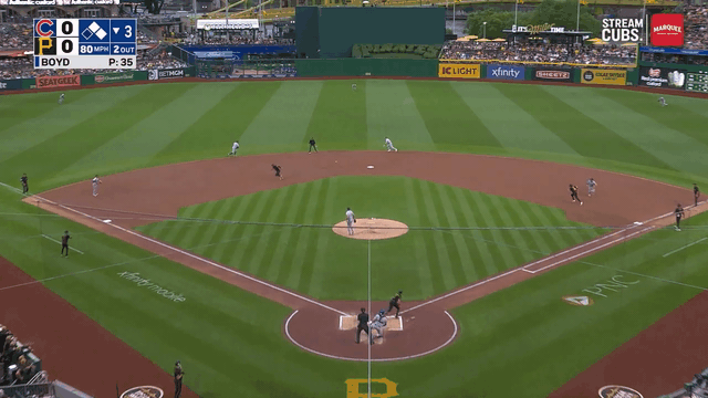 An animated gif of Nico Hoerner making a diving stop and throw