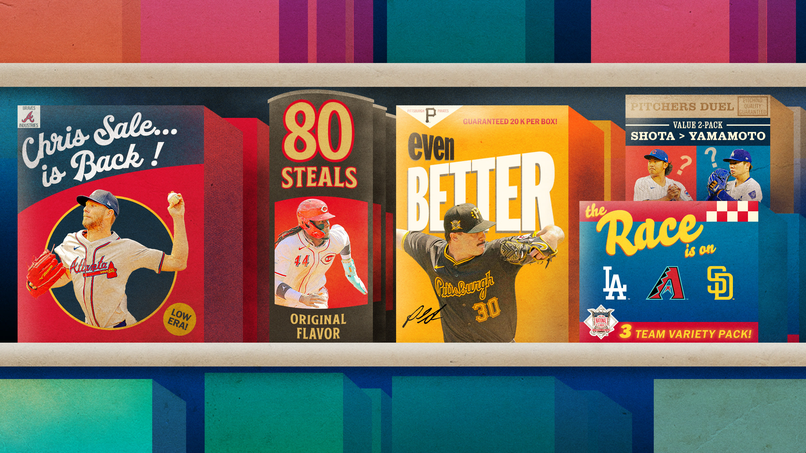 A designed image of items on a shelf featuring MLB players