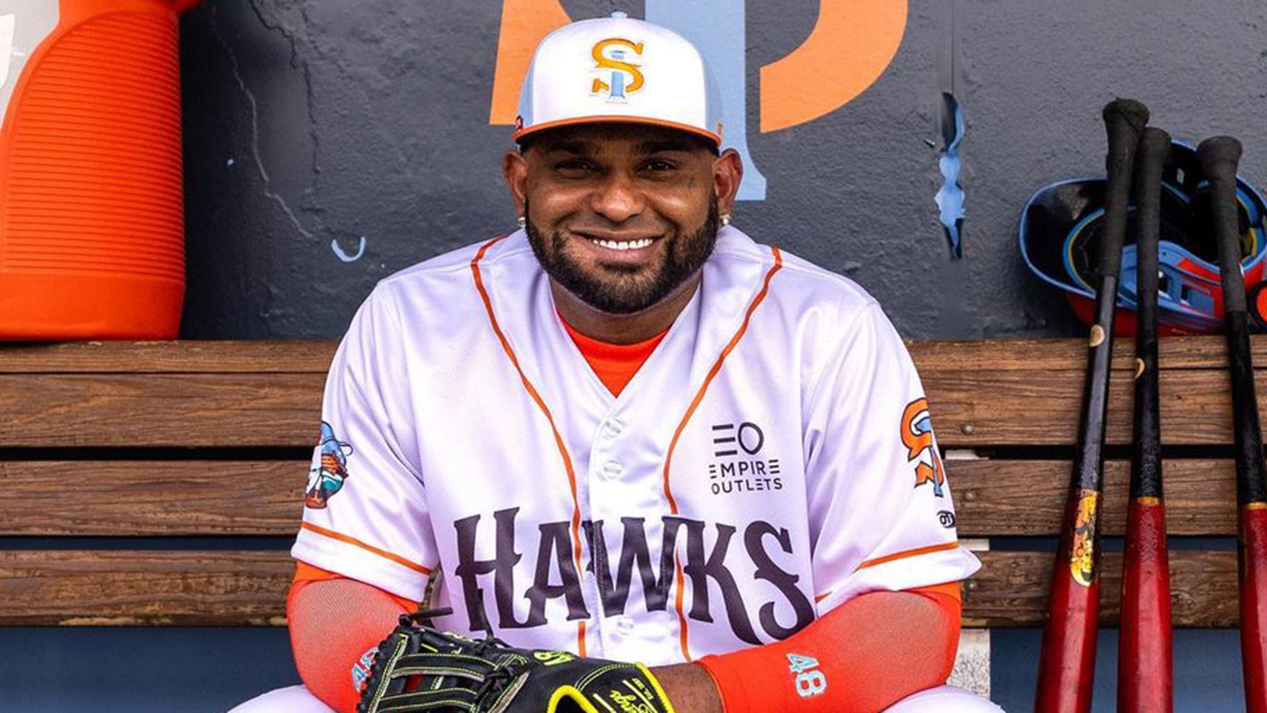 Pablo Sandoval poses for a photo in the Staten Island dugout