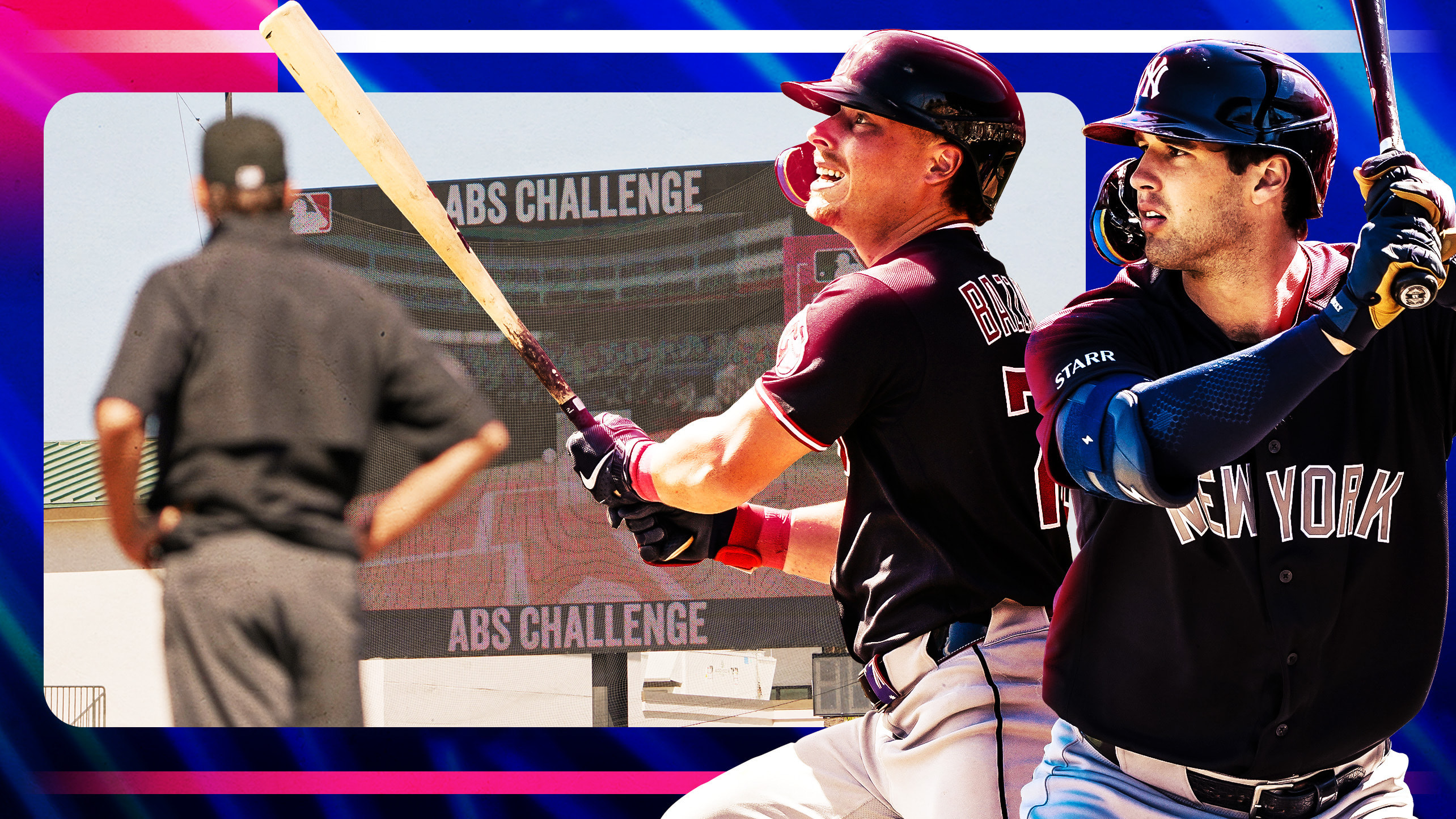 Images of an umpire watching an ABS challenge on a ballpark video board along with Guardians prospect Travis Bazzana and Yankees prospect Spencer Jones