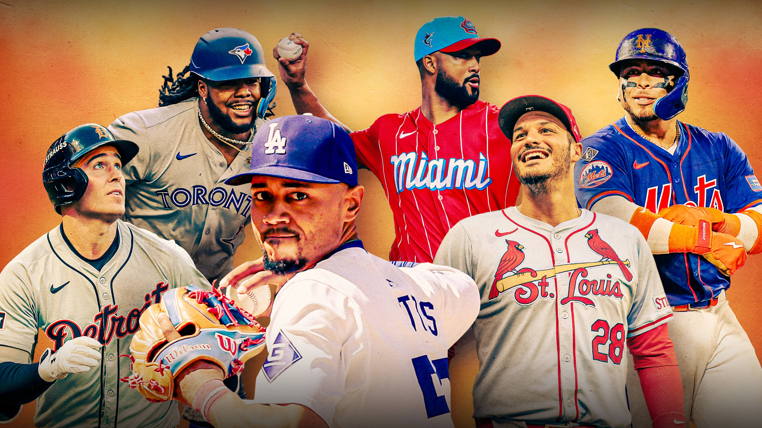 Kerry Carpenter, Vladimir Guerrero Jr., Mookie Betts, Sandy Alcantara, Nolan Arenado and Francisco Alvarez