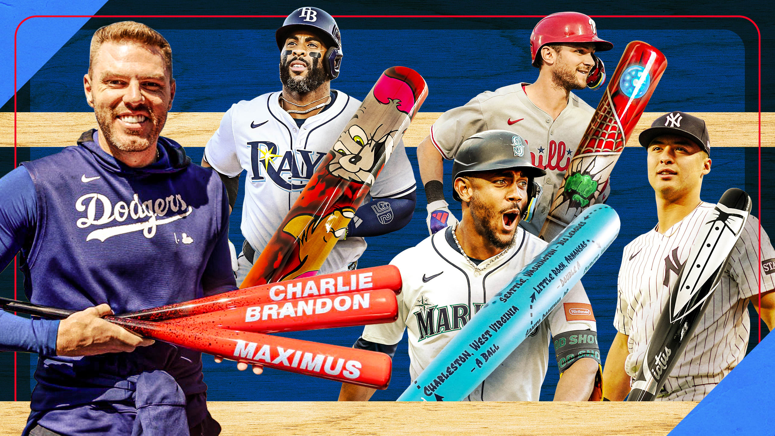 Freddie Freeman, Yandy Díaz, Julio Rodríguez, Trea Turner and Anthony Volpe with their Players' Weekend bats