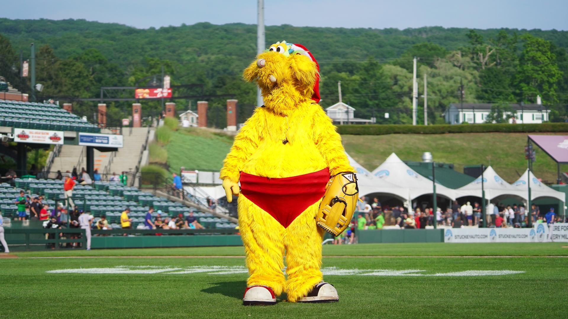 The Altoona Curve mascot wearing a speedo