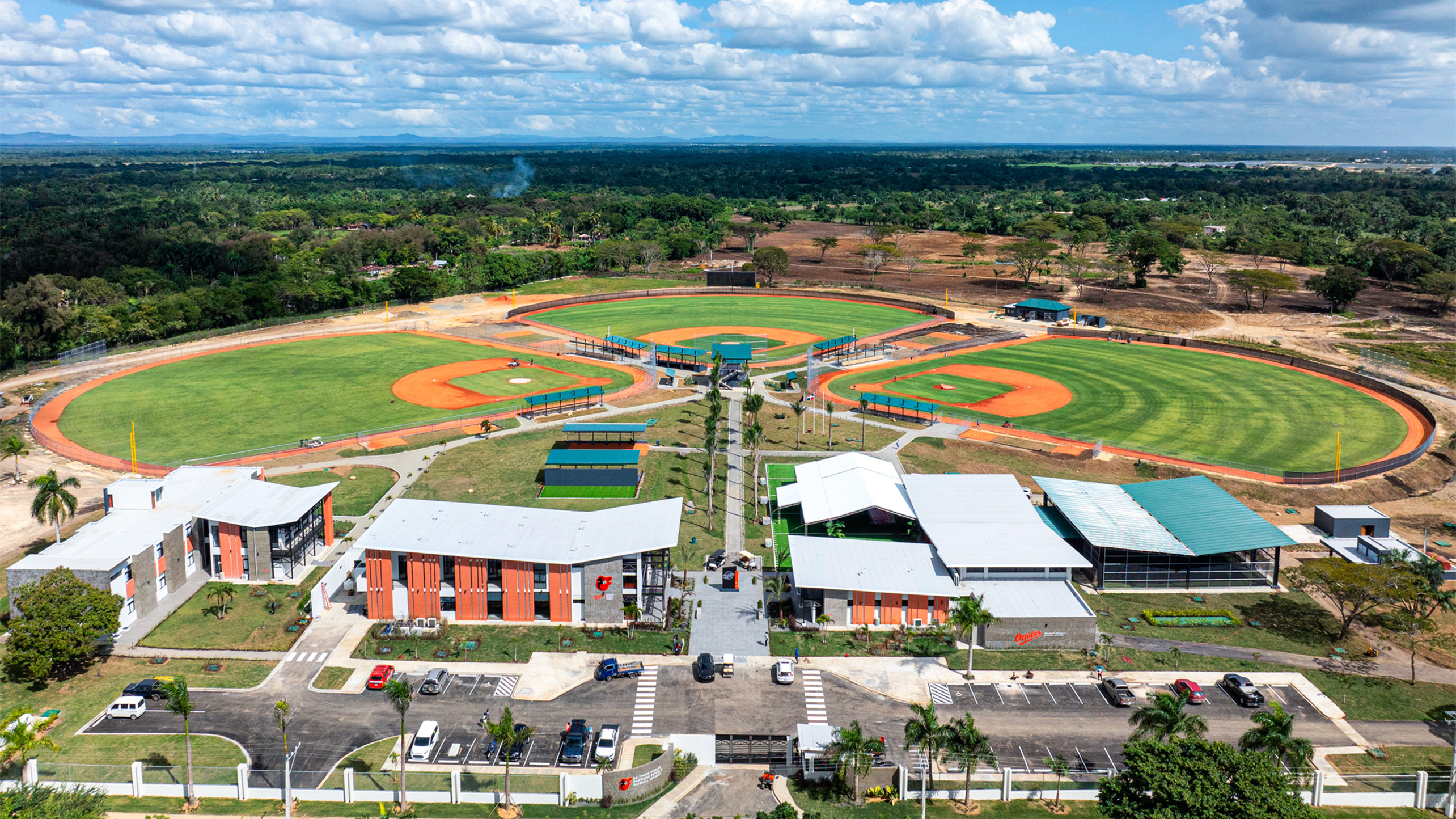 An overhead view of the Orioles' new facility in the Dominican Republic, which includes three baseball fields