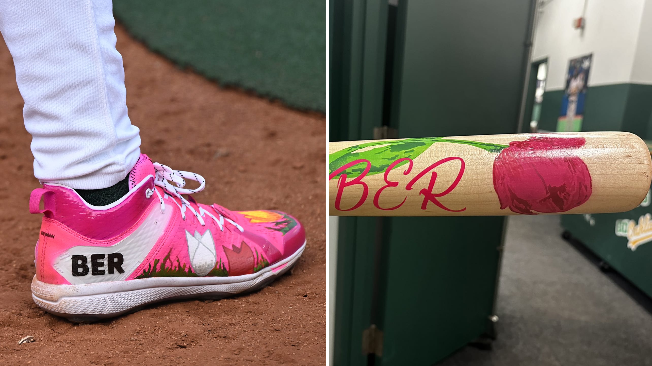 Cleats and a bat featuring the initials B.E.R.