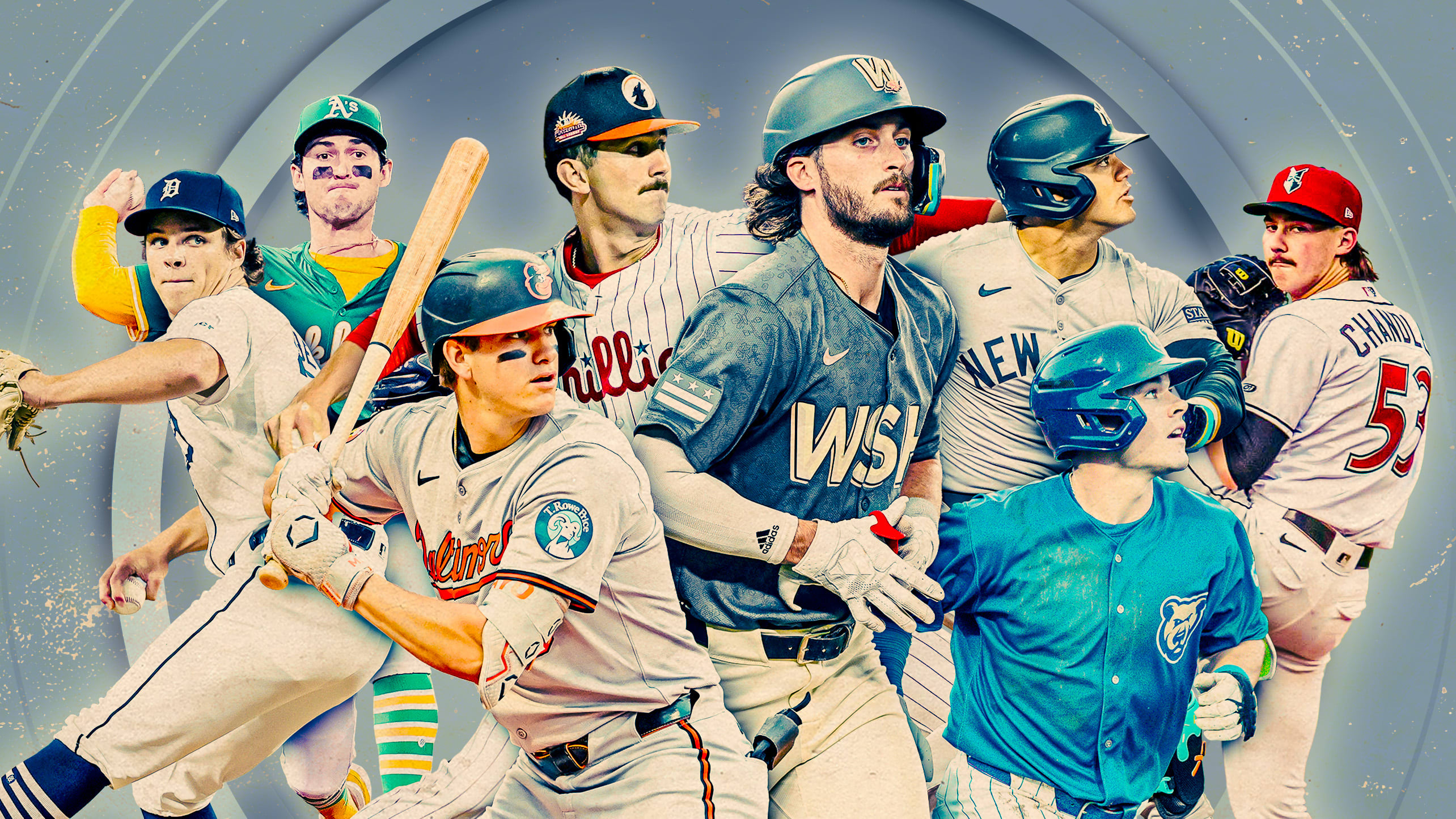 An image featuring eight players MLB Pipeline thinks could be '2025 Rookies of the Year