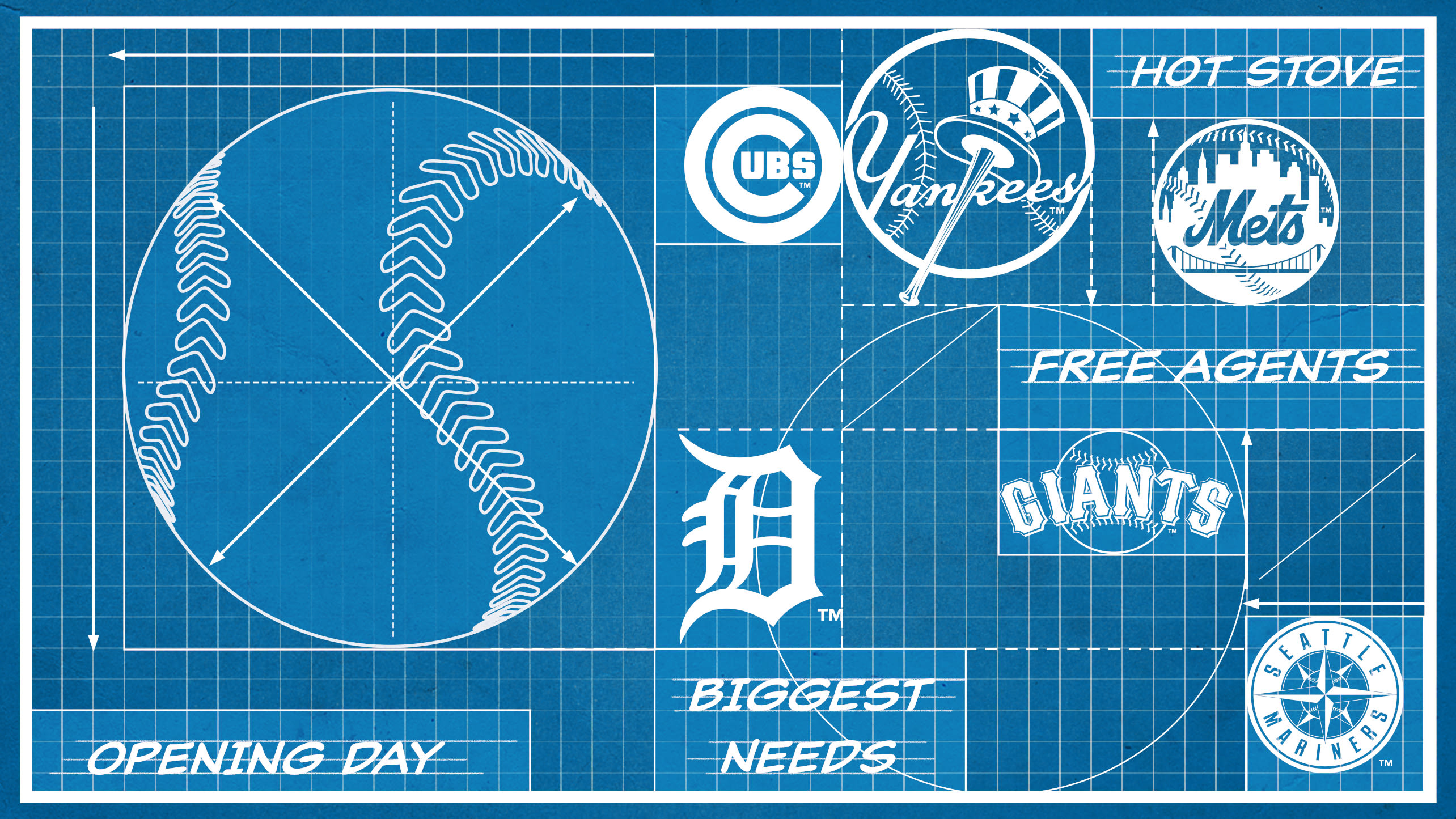 An image designed to look like a blueprint with team logos on it