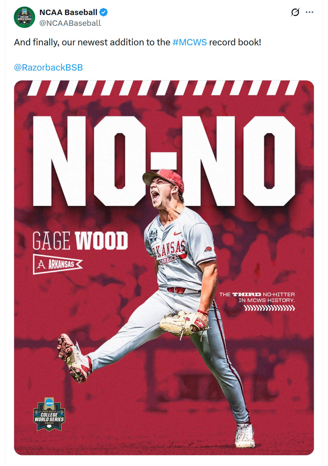 NCAA Baseball celebrates Gage Wood's no-hitter on X
