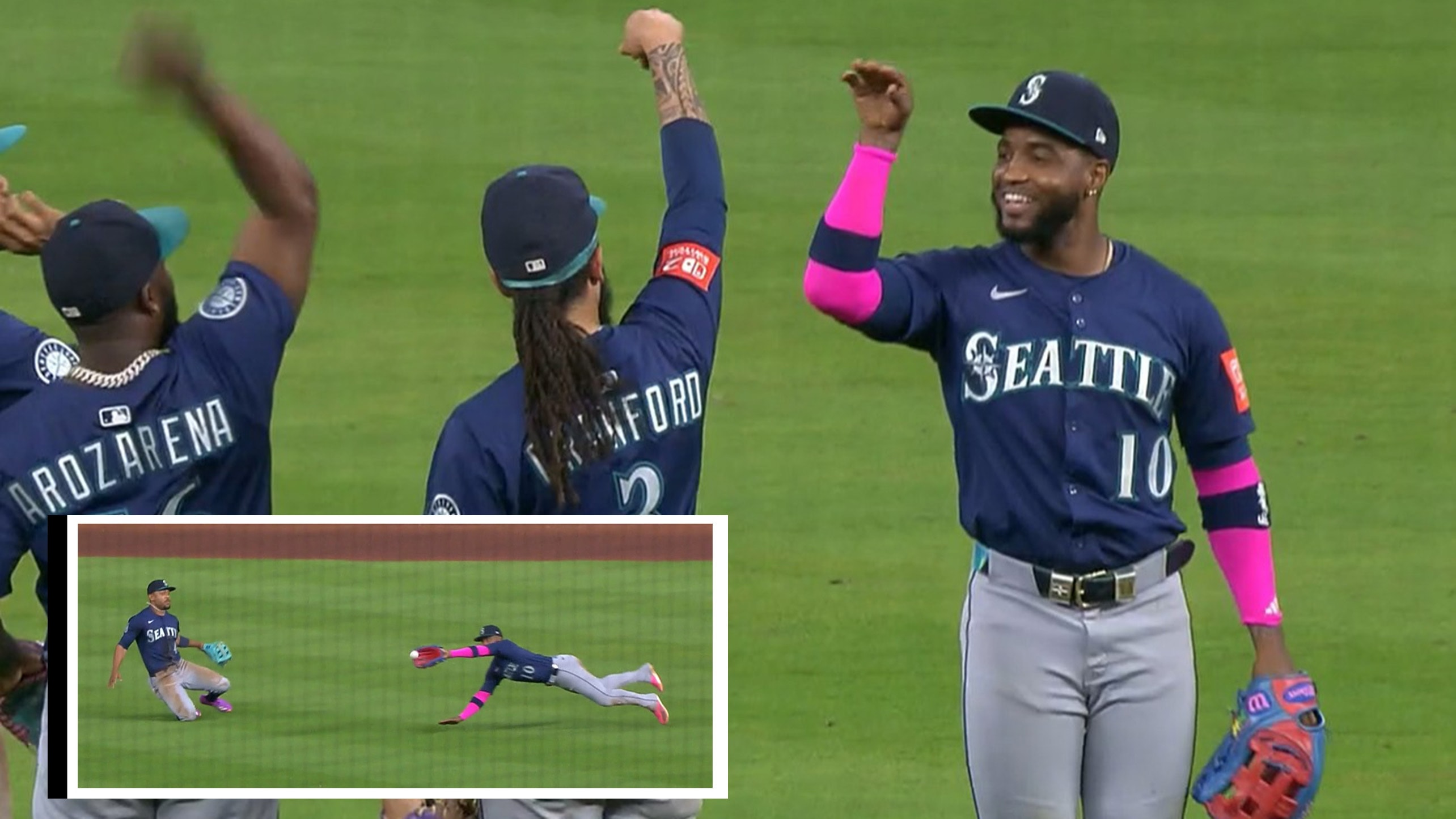 An image of Mariners players celebrating with an inset showing Victor Robles' diving catch