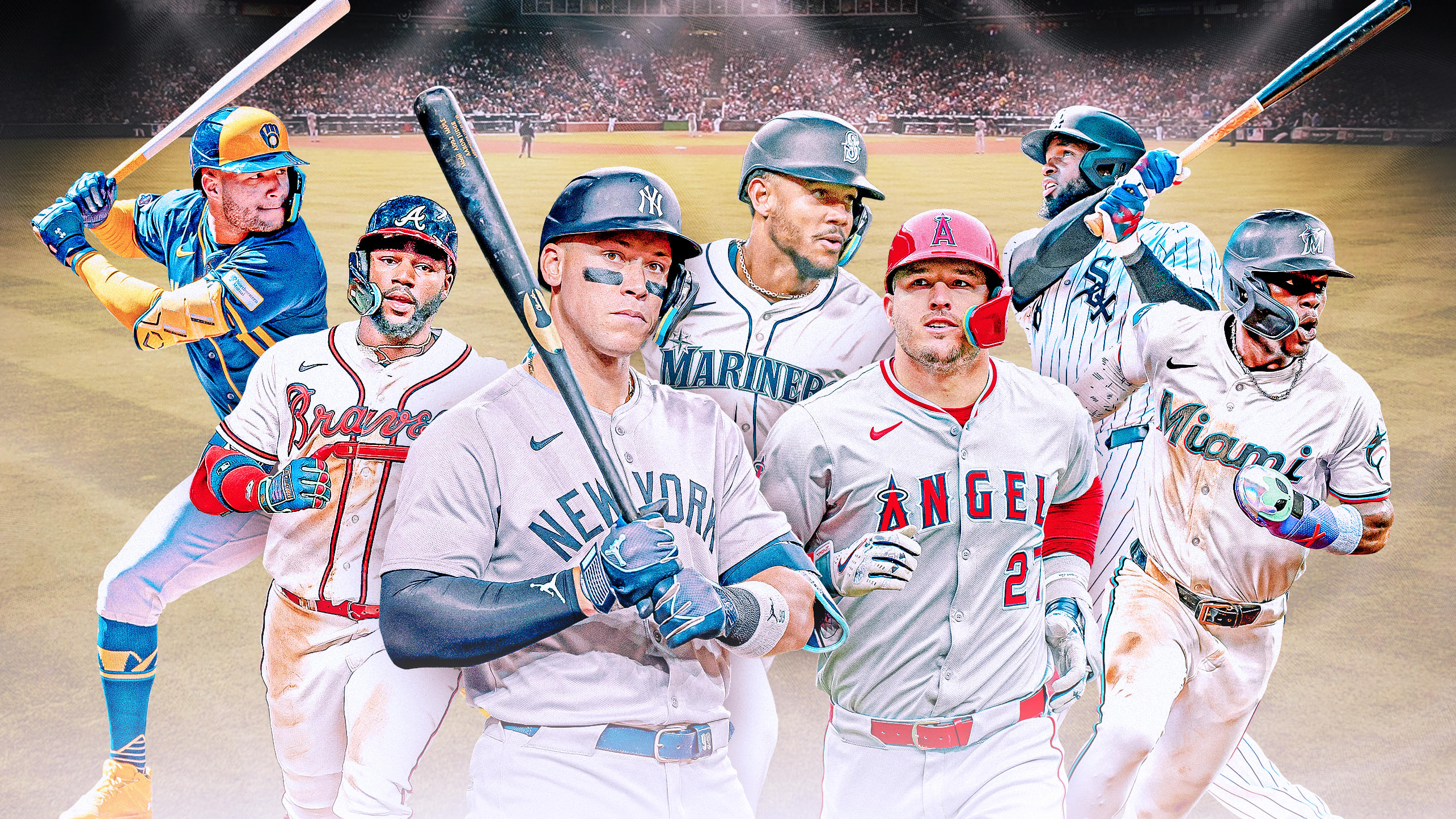 Jackson Chourio, Michael Harris II, Aaron Judge, Julio Rodríguez, Mike Trout, Luis Robert Jr. and Jazz Chisholm Jr.