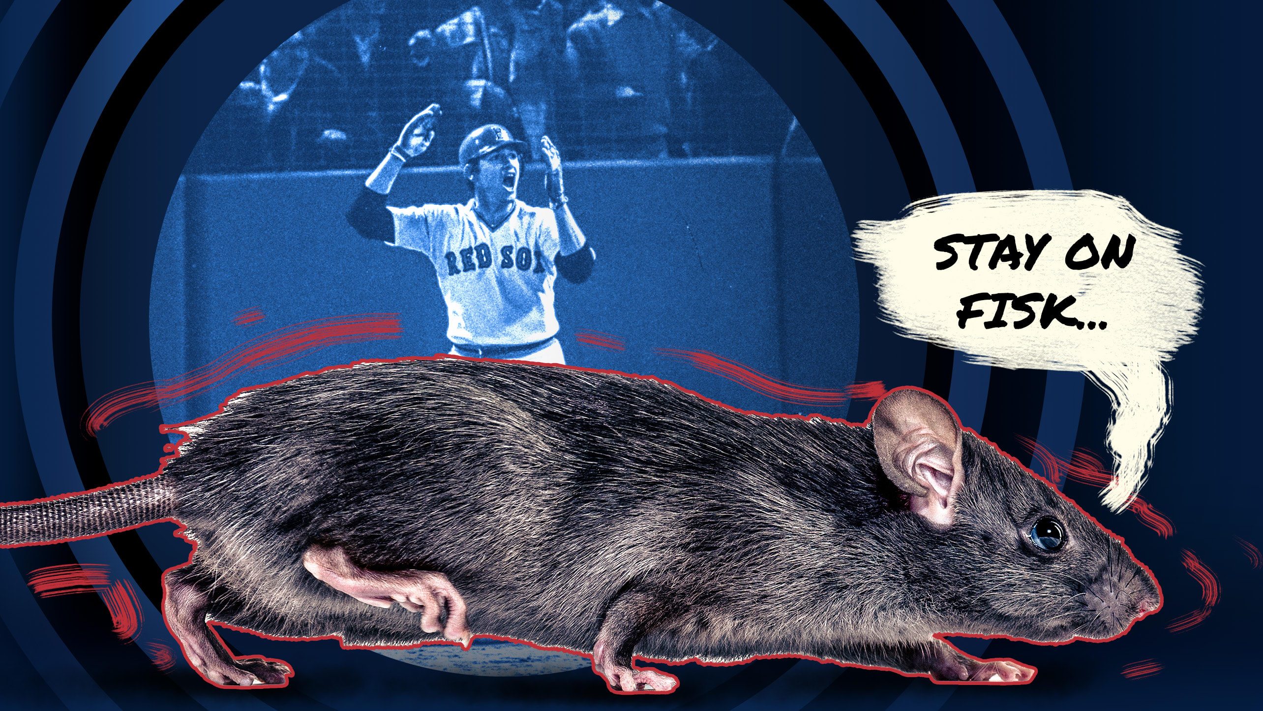 A graphic of Carlton Fisk waving his homer fair and a rat