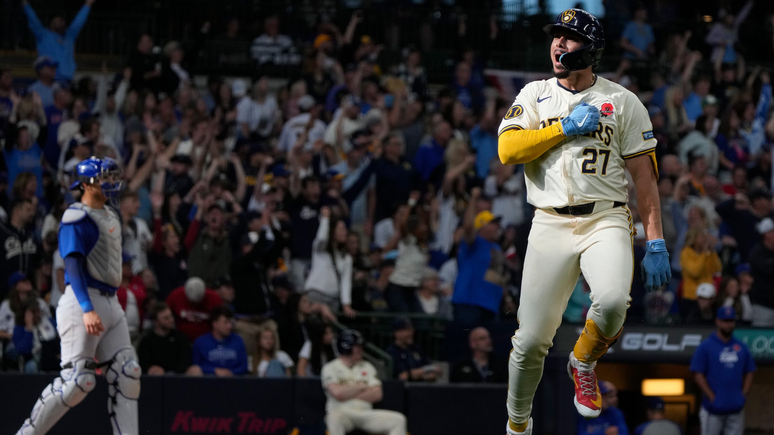 Willy Adames celebrates his 3-run home run