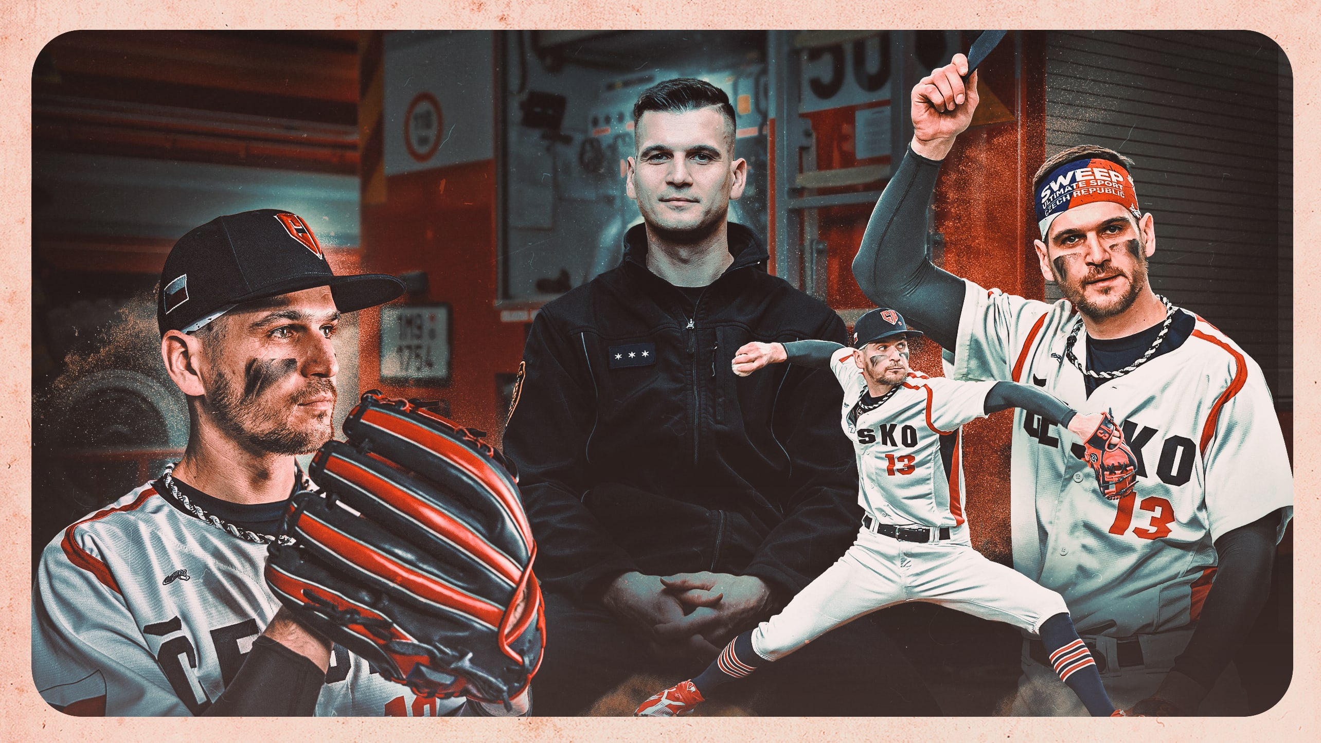 A graphic of firefighter Martin Schneider pitching for Czech Republic