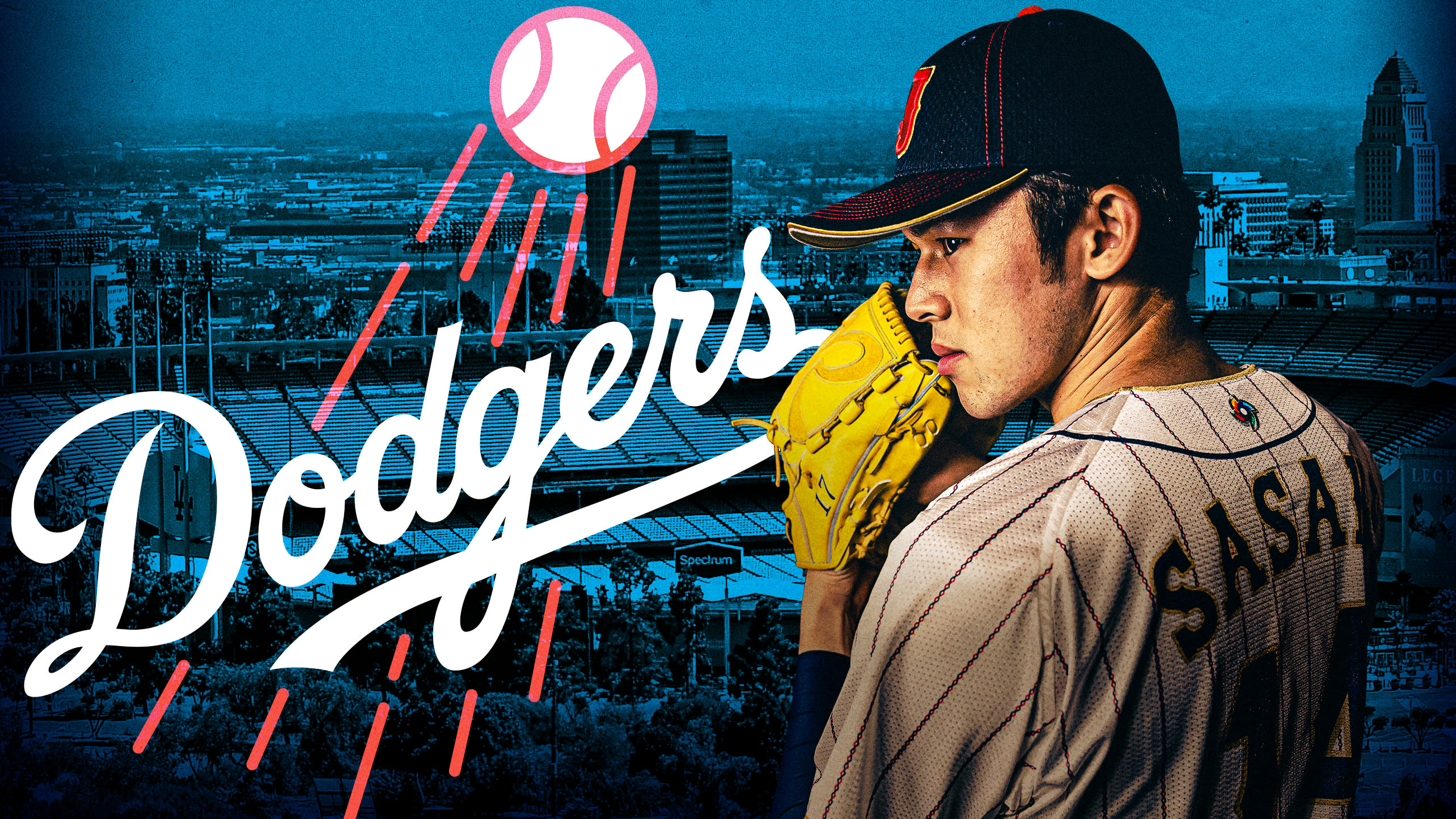 Roki Sasaki next to a Dodgers logo