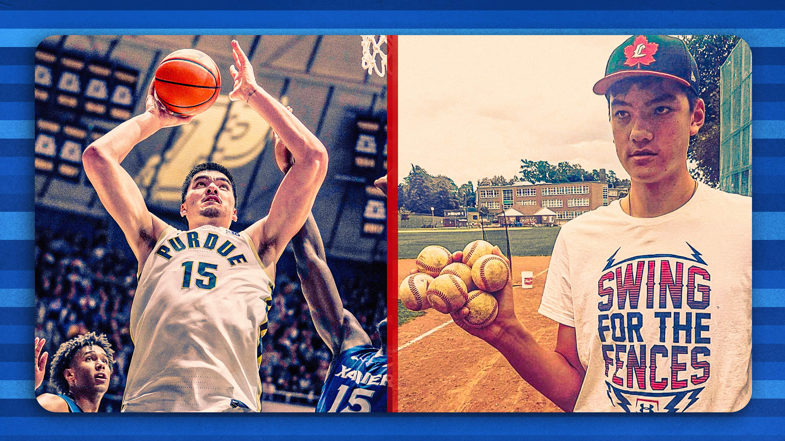 A split photo of Zach Edey playing basketball and holding seven baseballs in one hand