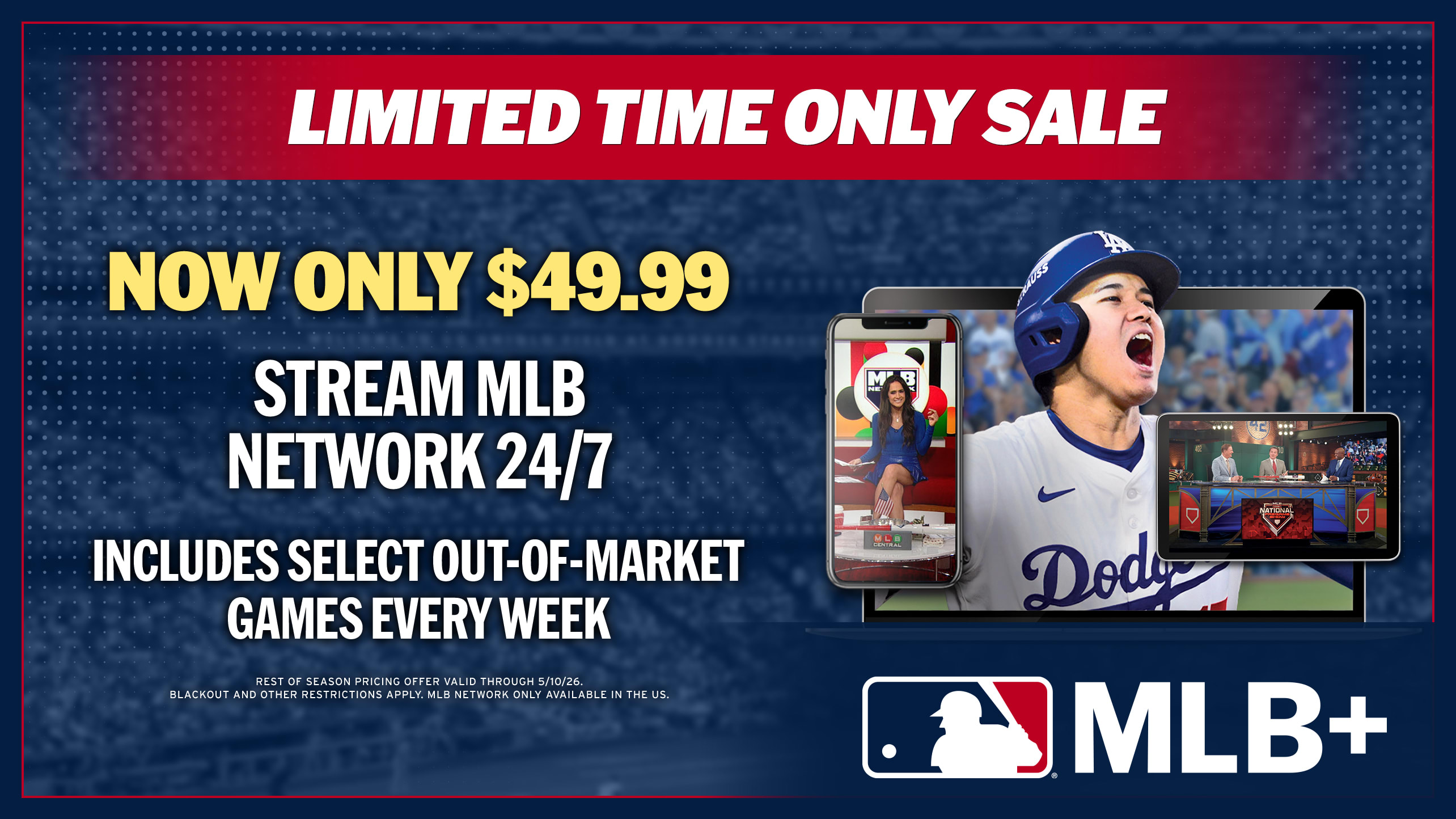 A graphic featuring an MLB+ sale for $49.99