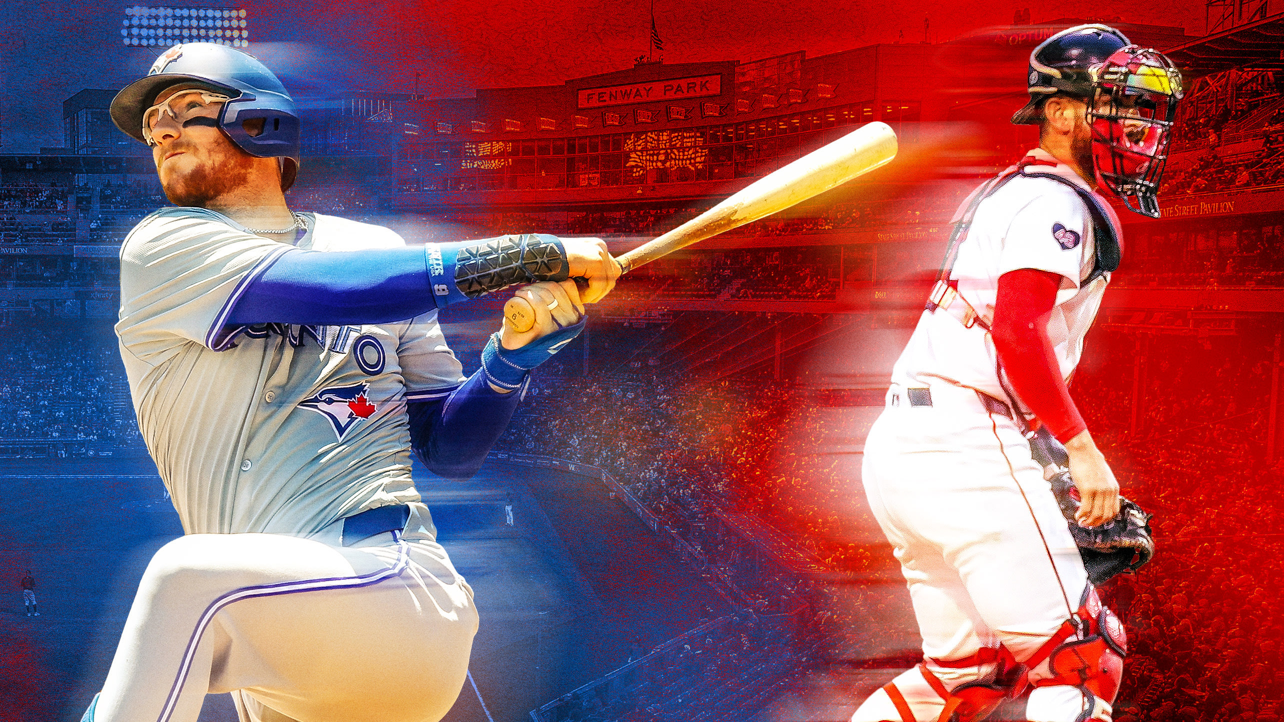 A designed image showing Danny Jansen batting for the Blue Jays and catching for the Red Sox with Fenway Park in the background