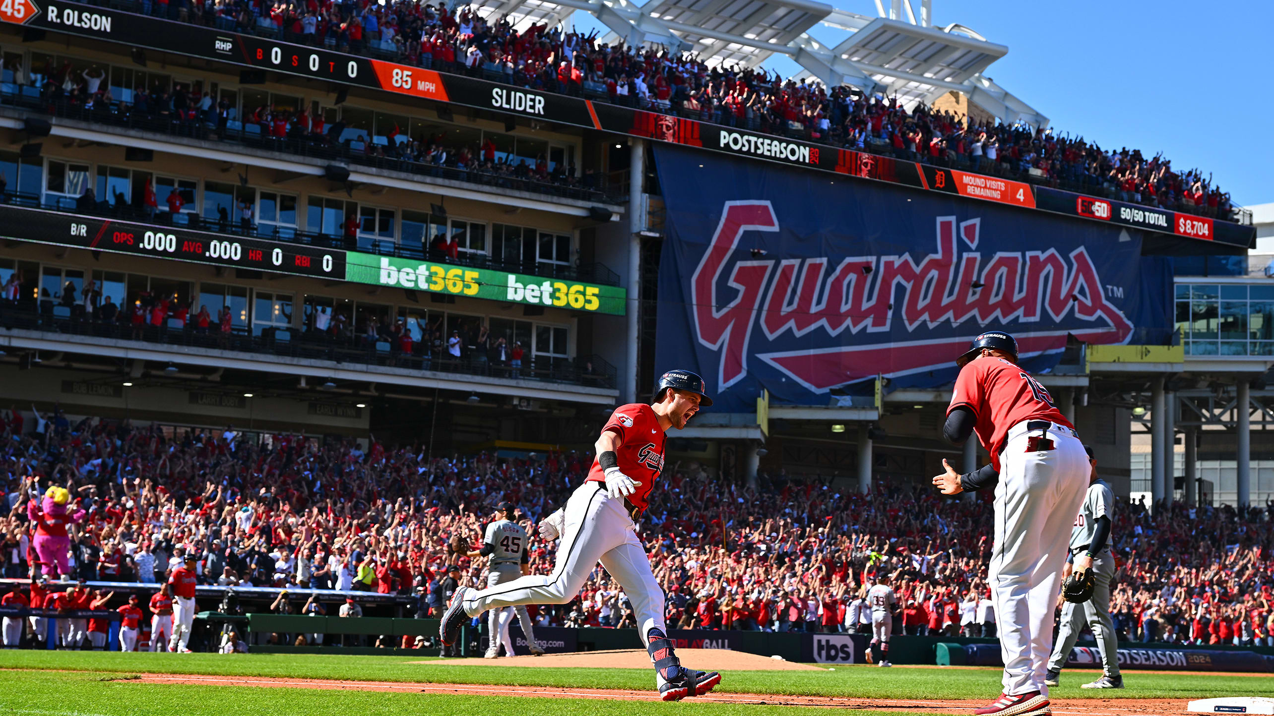 Lane Thomas, the only hitter the Guardians added at the Trade Deadline, hit a big homer in Game 1