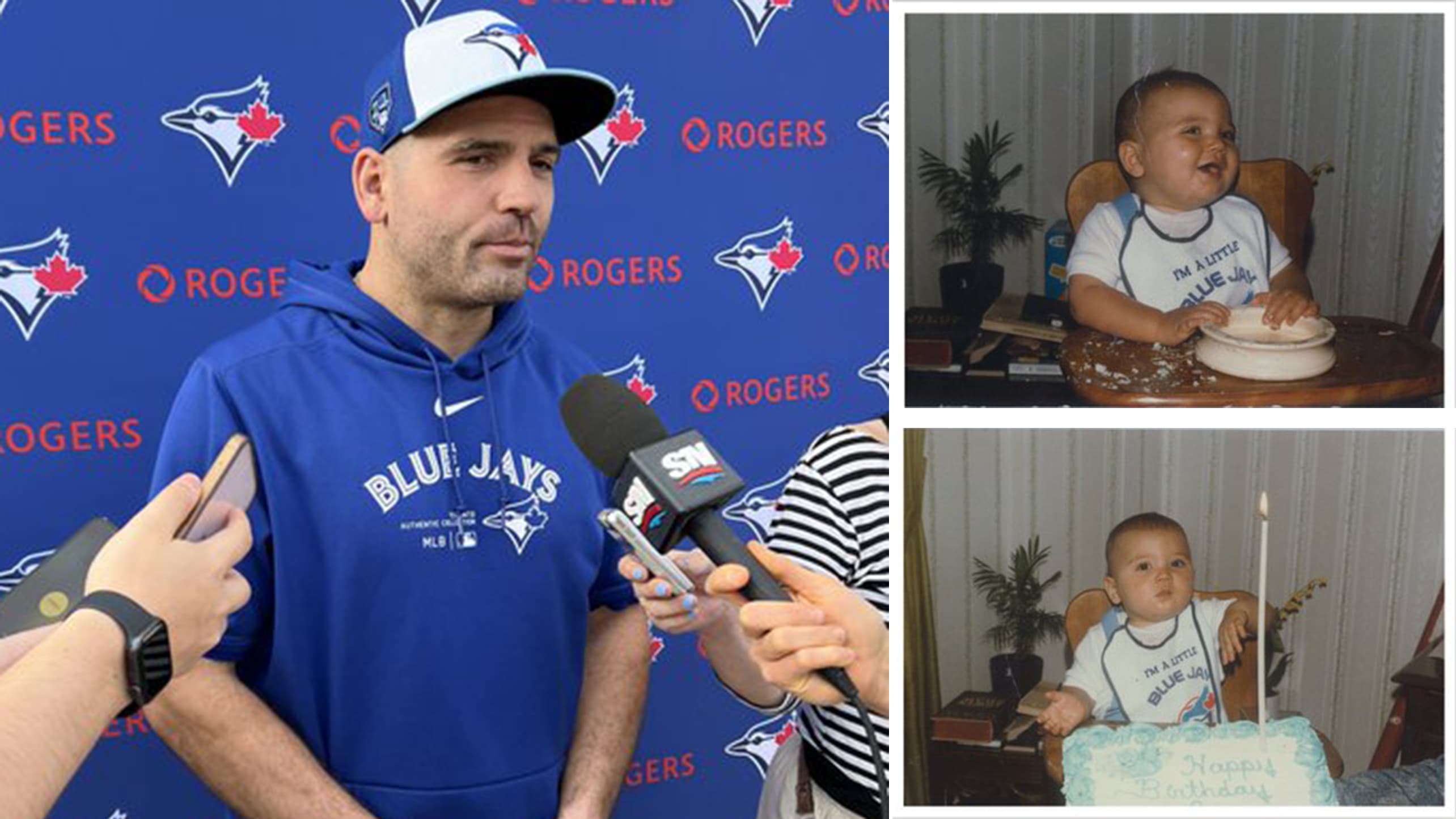 A split photo of Joey Votto as an adult and as a baby