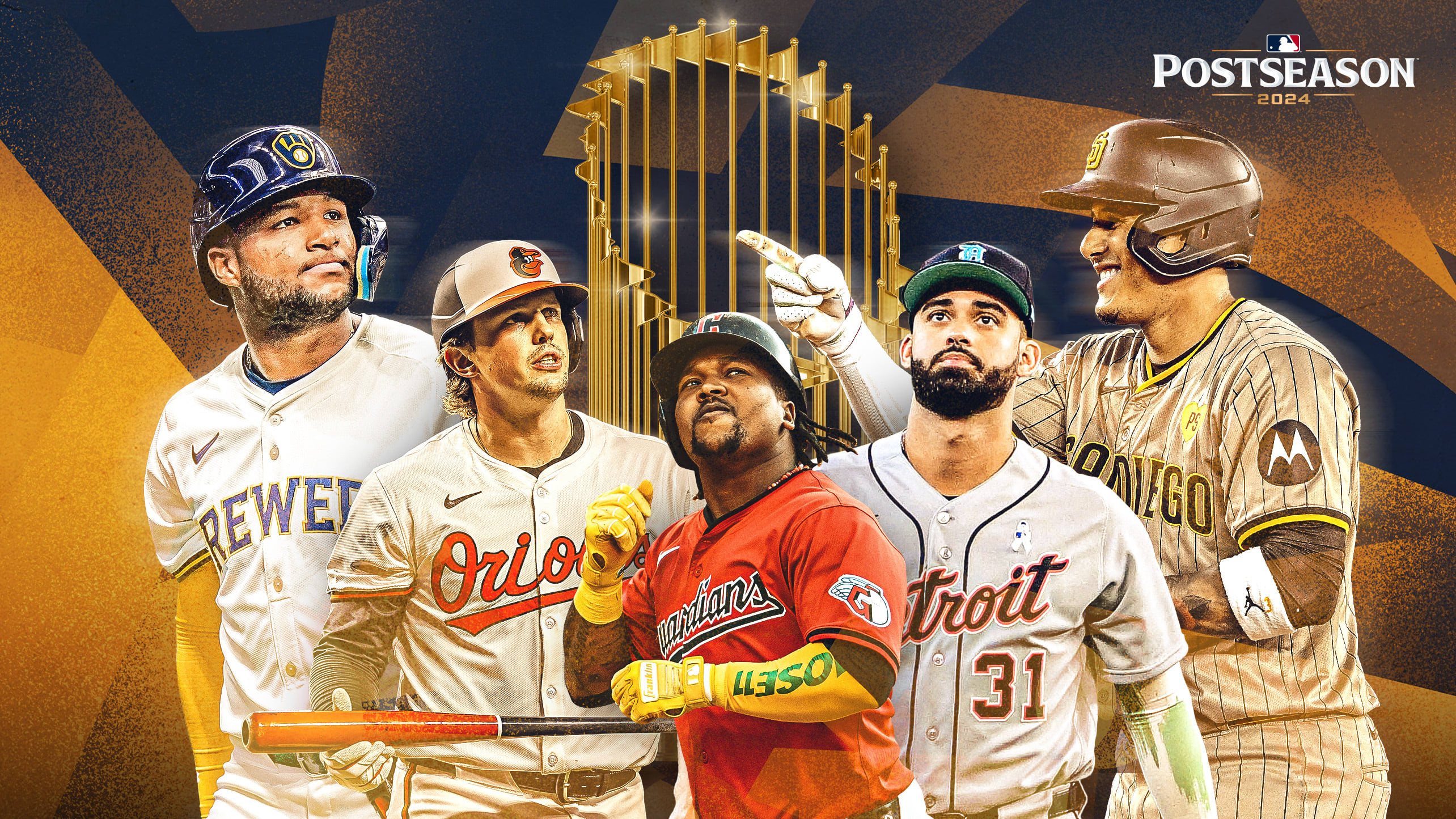 Jackson Chourio, Adley Rutschman, José Ramírez, Riley Greene and Manny Machado in front of the World Series trophy