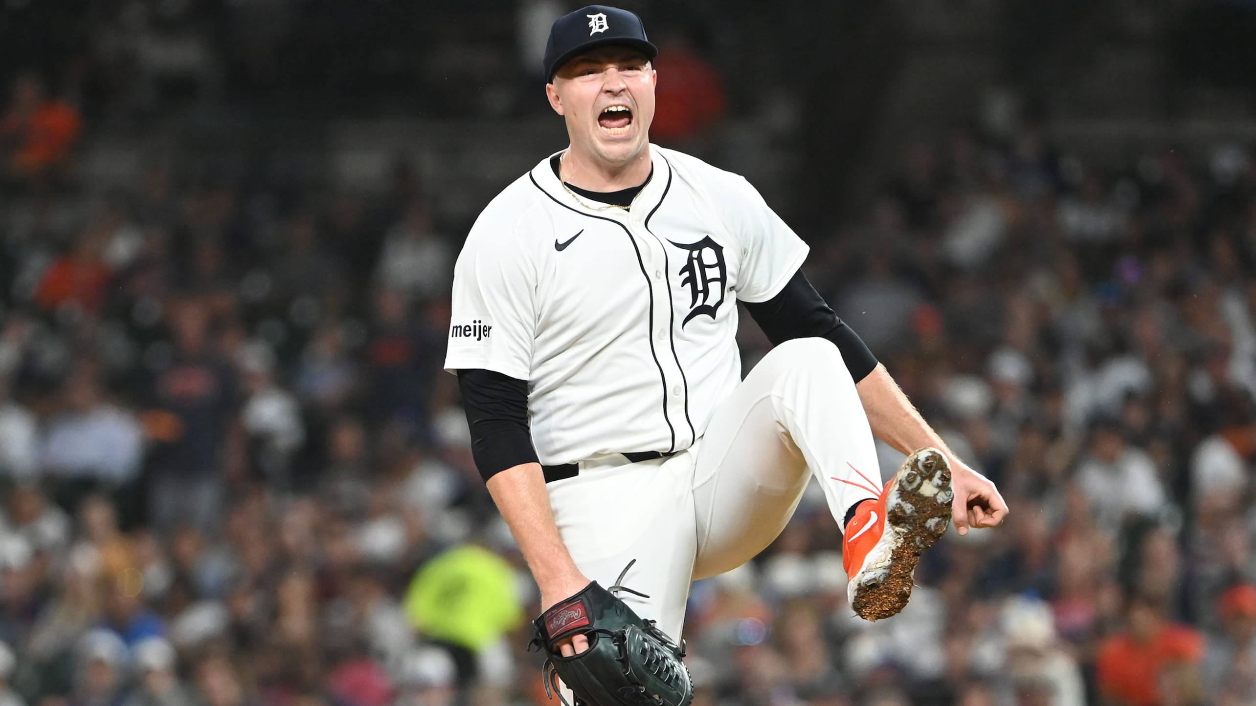 Tarik Skubal shouts in celebration on the mound